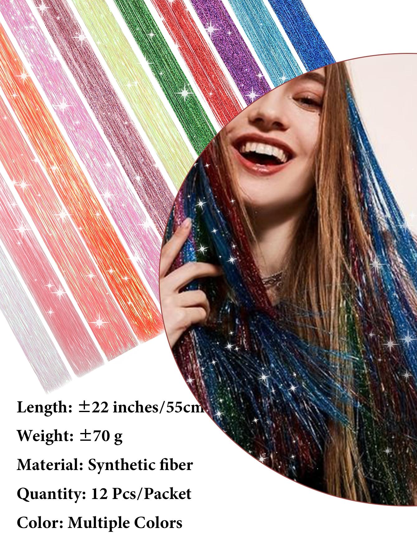 Clip in Hair Tinsel Synthetic 22 Inch Colorfull Tinsel Hair Extensions 12Pcs/Pack for Women Girls Party Christmas New Year Gift Synthetic Soft Hairpieces