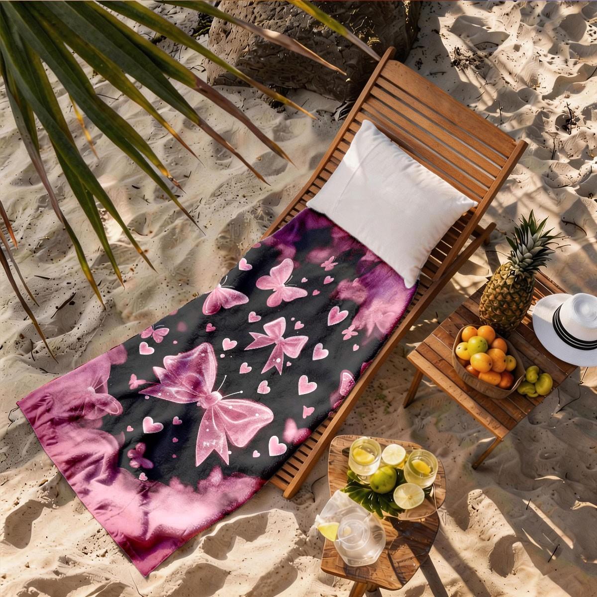 A Black Pink Gradient Bow Butterfly Heart All-over Printed Beach Towel - Oversized, Skin-friendly, Absorbent and Quick-drying, Perfect for Beach and Pool Leisure, Ideal for Summer Trips - Suitable for Seaside Vacations, Pool Parties and Outdoor Picnics