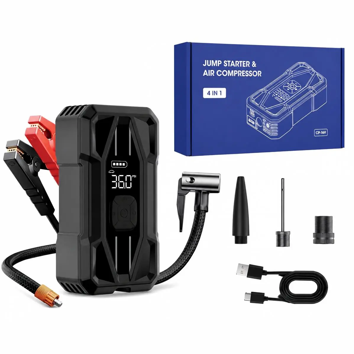 12V Compact Rechargeable 4-in-1 Car Jump Starter Booster, 150 PSI Portable Air Compressor with Tire Pressure Gauge, Dual 30W Fast Charging, LED Light for Roadside Help & Jump + Inflate Needs