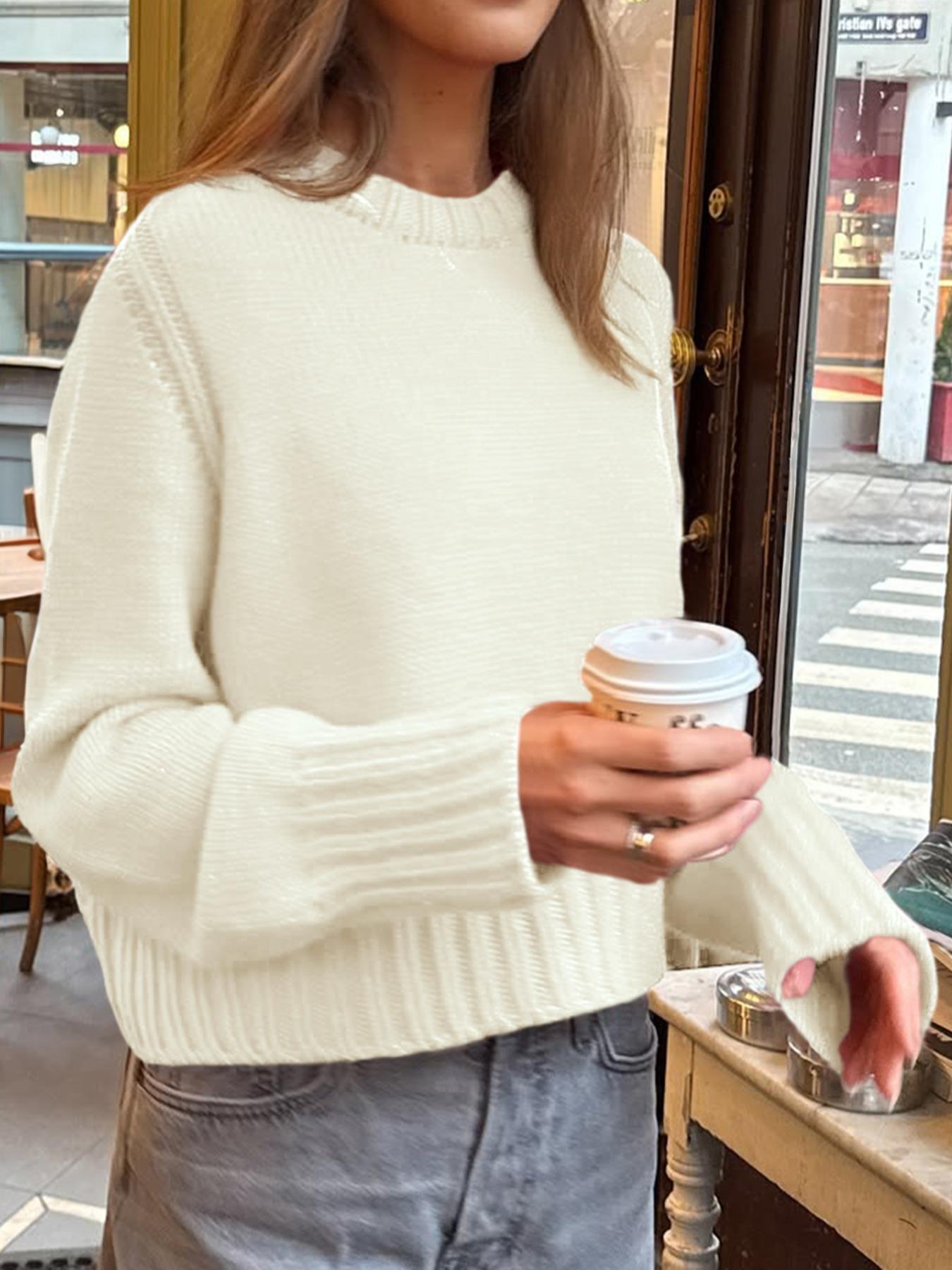 Pure Color Casual Round Neck Sweater Knitwear, Daily Commute Style, Thin Fabric,  Fall & Winter Wear, Women's Fashion