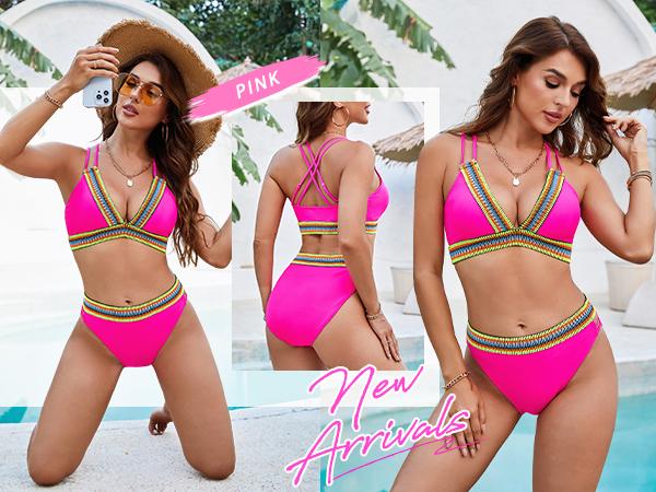 Blooming Jelly V Neck Crisscross Back Bathing Suit Womens High Waisted Color Block Two Piece Bikini Sets