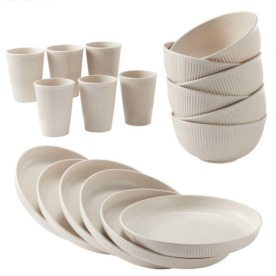 18-Piece Wheat Straw Cutlery Set, Durable Kitchenware, Dishwasher & Microwave Safe, Salad Plate, Cereal Bowl, Travel Camping Utensils, Tableware Set