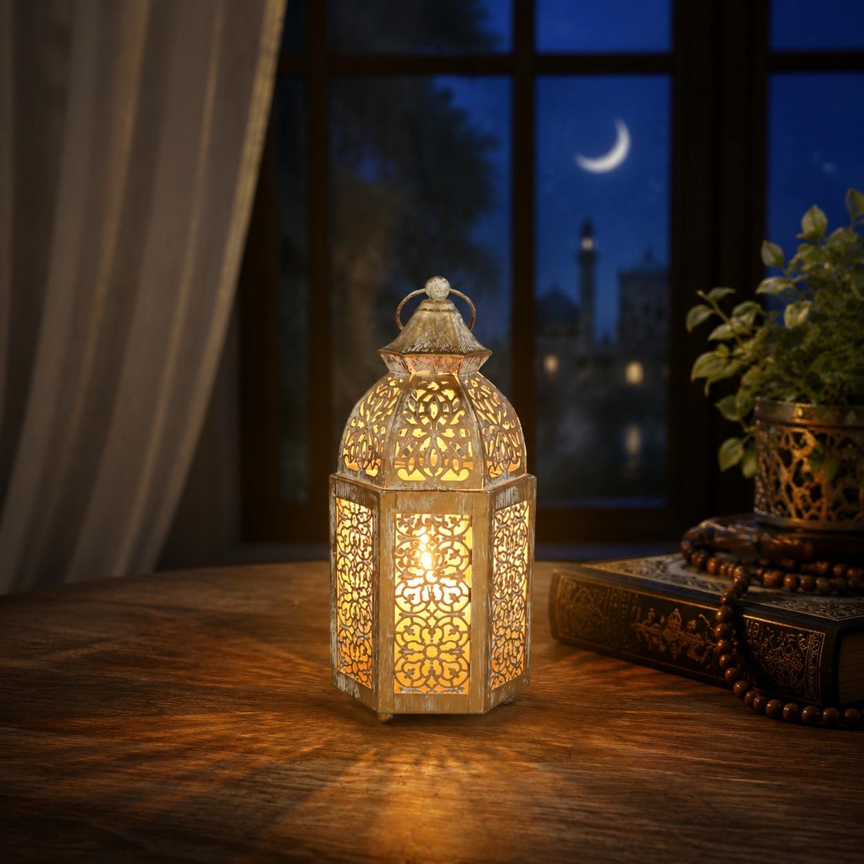 Moroccan Iron Lantern Candle Holder, Vintage Ramadan Decor, Home Decoration, Windproof Shadow Projection, Home Desk Wedding Festival Ornament, No Wax Included