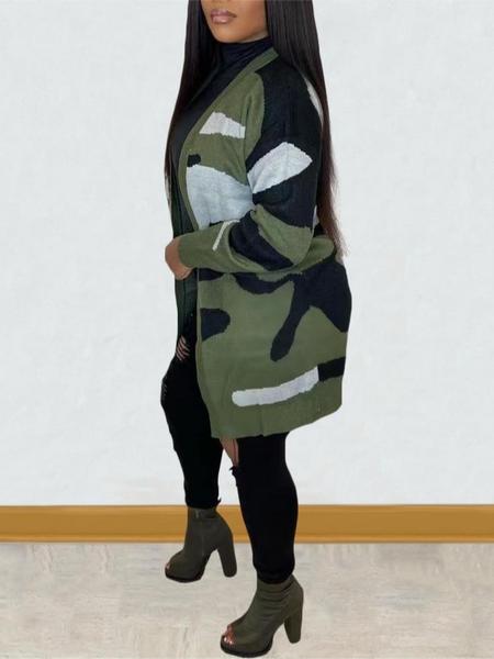 Women's Camo Print Open Front Cardigan, Casual Long Sleeve Drop Shoulder Knit Outerwear, Ladies Fall & Winter Clothes, Women Fall Outfit, Colorblock Stylish Fashion Midi Cardigan Sweater, Winter Sweater for Women, Autumn Knitwear for Women, Womenswear