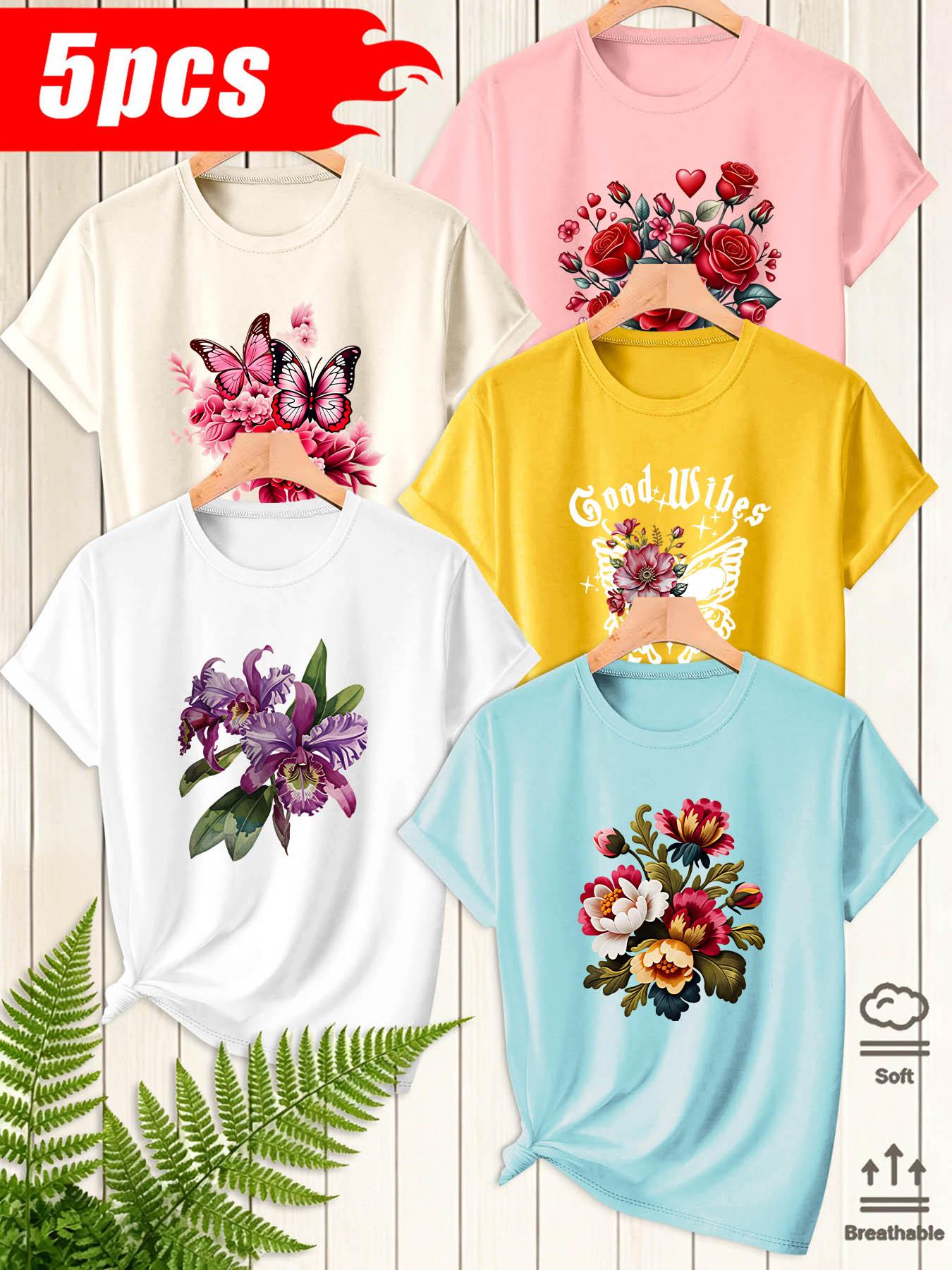 5Pcs Women Crew Neck T‑Shirts, Flower & Butterfly Art Printed Patterns, Multiple Colors Available, Machine Washable Spring Summer Tops, Soft Skin‑Friendly Fabric, Daily Versatile Wear, Fashion Design Short Sleeve Tees