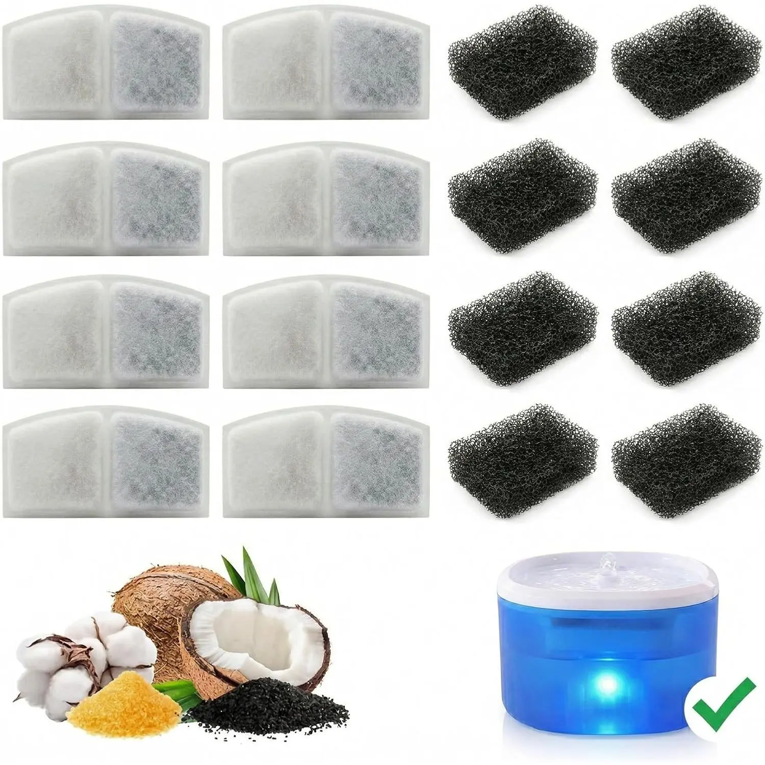 WB-YS01 8 Pack  Filters + 8 Pack Pump Filter  for  Water Fountain, Coconut Shell Activated Carbon &  Filters,  Water Dispenser   for Cats Dogs (16 Pieces)