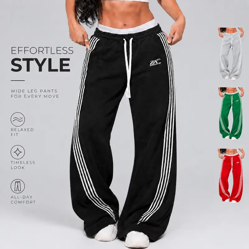 Women's Side Stripe Wide-Leg Sweatpants, with adjustable drawstring elastic waist, side pockets, relaxed wide-leg silhouette, available in multiple colors, great for fitness, jogging, daily casual wear and street-style outfits