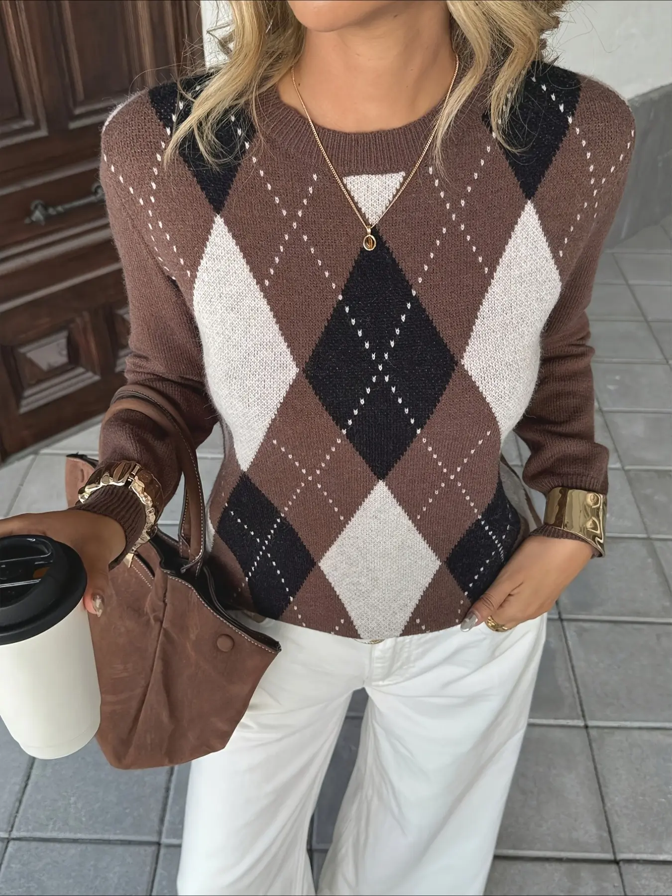 Spring Elegant Casual Pullover, Colorblock Argyle Long Sleeve Knit Top, Fitted Round Neck Button Front, All Seasons Comfortable Wear