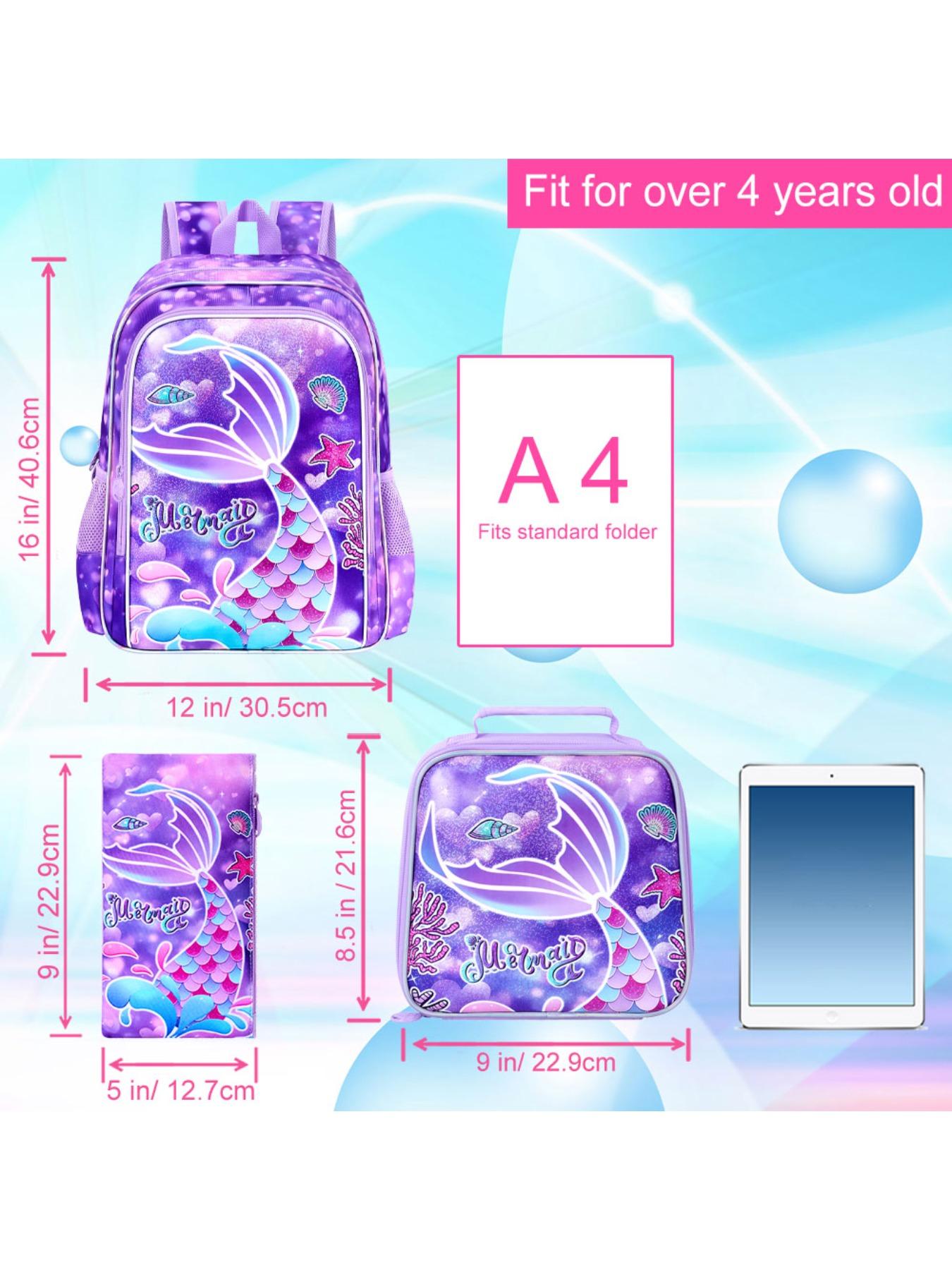 3Pcs Mermaid Backpack for Girls, 16" Kids Fishtail Bookbag with Lunch Box, Cute Schoolbag for Preschool Kindergarten Toddler(Rainbow)