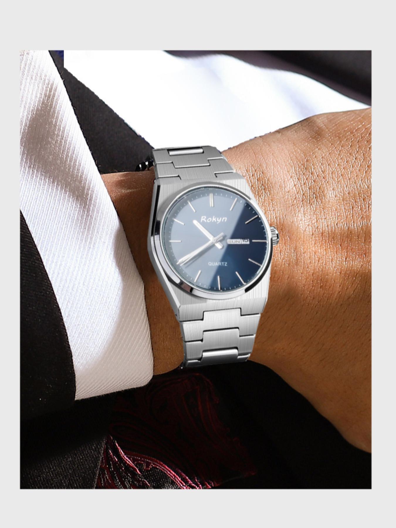 ROKYN Ultra-Thin Luxury Men's Watch, Elegant Fashion Waterproof Dual Calendar Night Glow Quartz Watch, Business Casual Analog Round Face