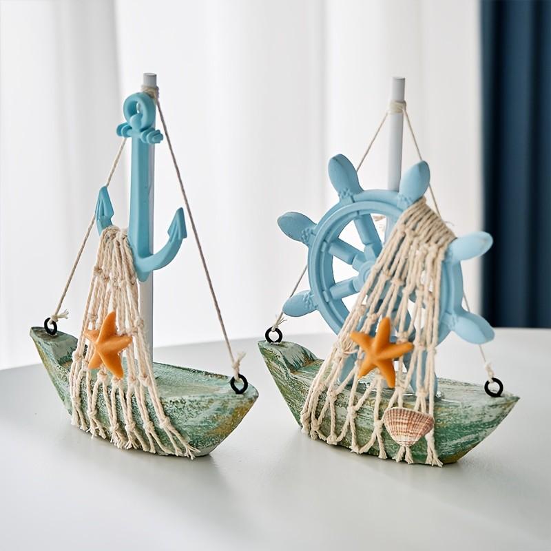 Handmade Mediterranean Style Wooden Ship Decorations Set, Includes Anchor Steering Wheel and Starfish, Blue Design, Nautical Theme Desk