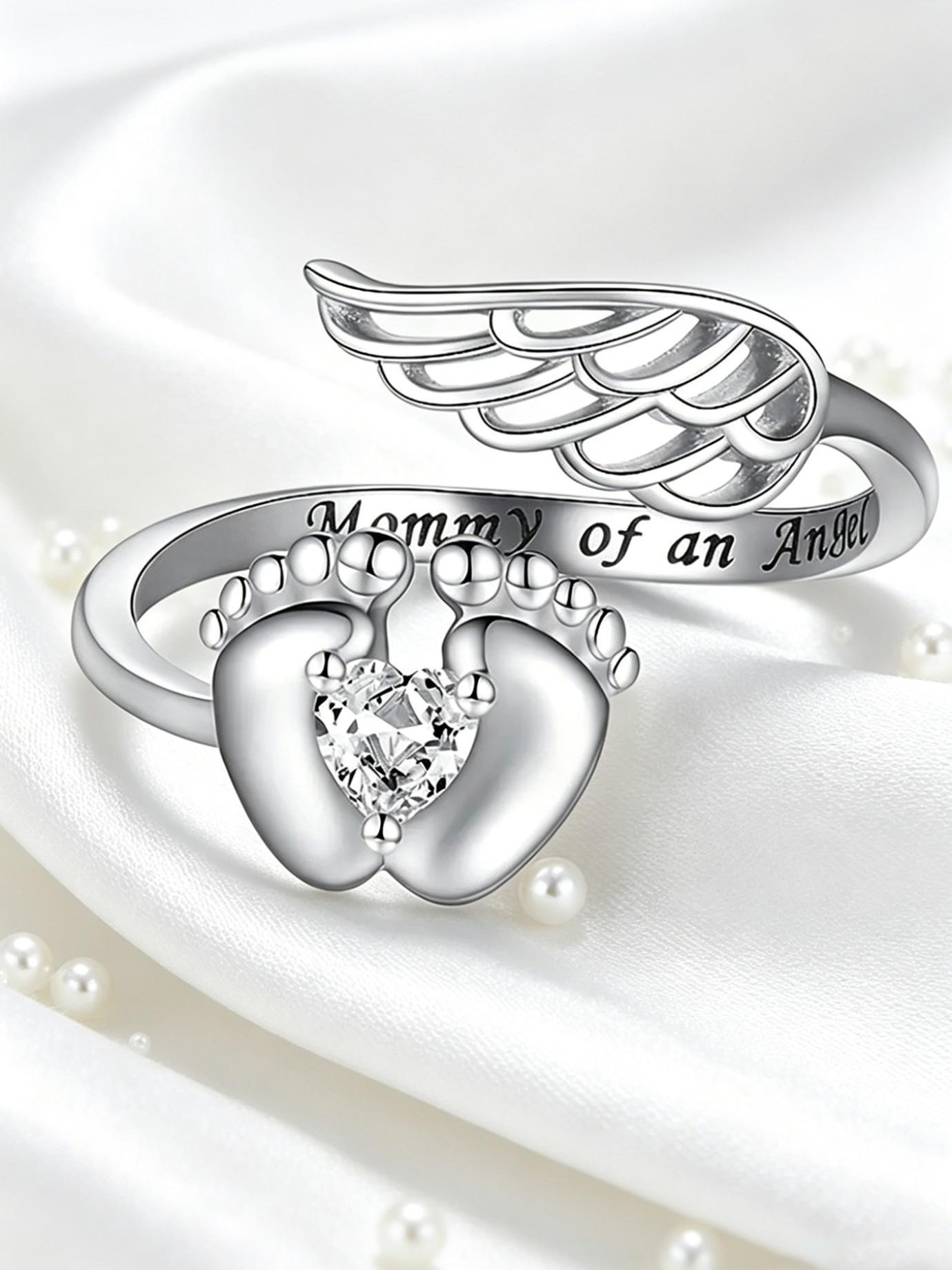 Angel Mom Memorial Jewelry Set, Baby Footprint Wings Bracelet and Ring, Comfort Gift for Loss of Child, Mother's Day Keepsake