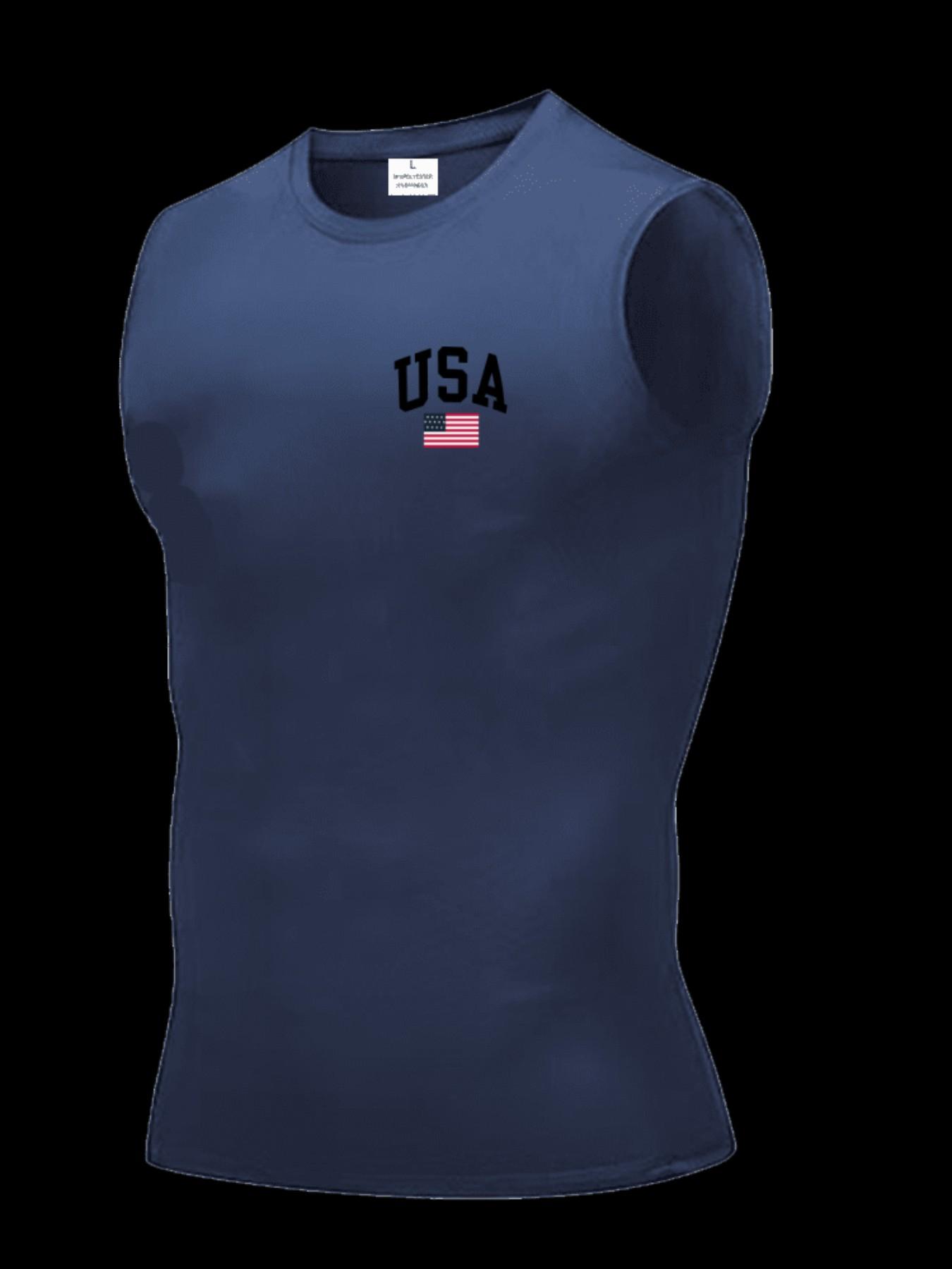 Men's Short Sleeve Sporty Slim-Fit Knitted Fabric, Usa Pattern Print, Breathable Moisture-Wicking, High Elasticity, Lightweight Design