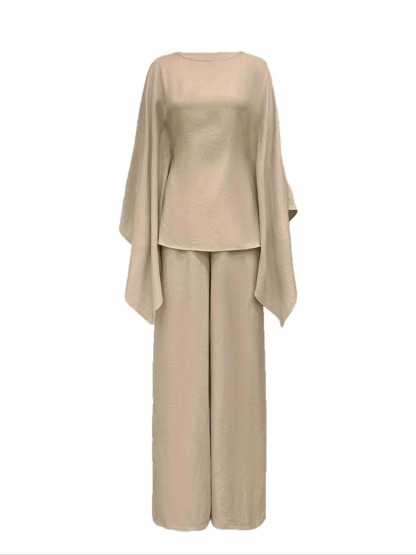 Women's Loose Two-Piece Set, Minimalist Long Hoodie Top + Wide Leg Pants, Casual Natural Style for Spring & Fall Seasons
