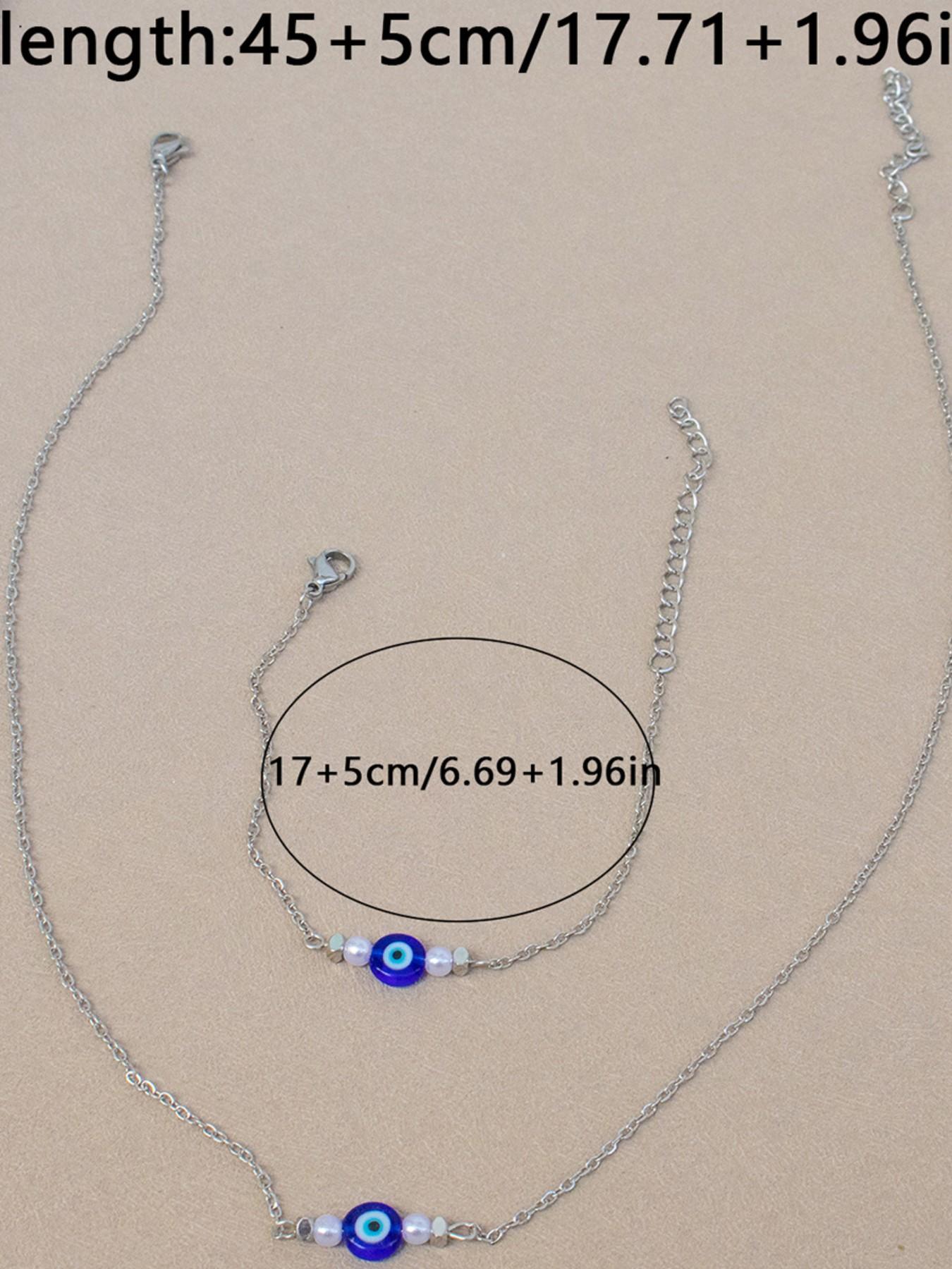 Stainless Steel Devil Eye Jewelry Set, Summer Simple Pearl Glass Eyes Necklace Bracelet, Elegant Fashion Accessory