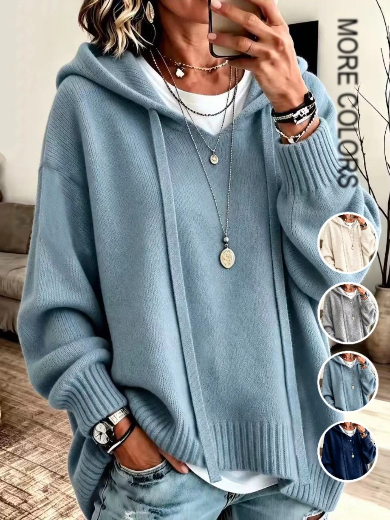 Women's Loose Fit Hooded Sweatshirt, Fall Winter New Arrival, Casual Drop Shoulder Lantern Sleeve, Elegant Soft Knit Pullover, Long Sleeve Top, Casual Sweatshirts