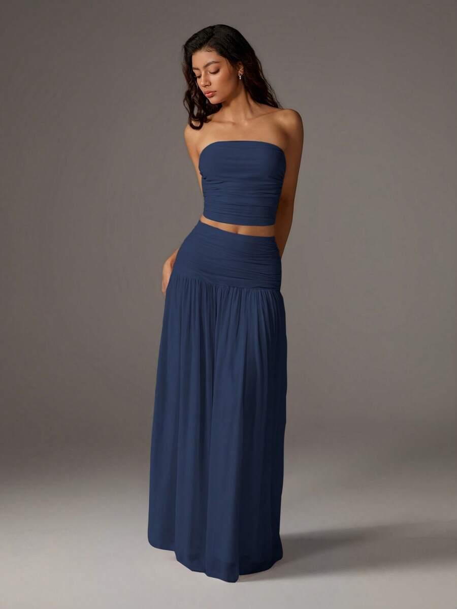 Women's Mesh Solid Color Halter Top Sleeveless and Long Dress Two-Piece Set, Breathable Summer Outfit, Elegant and Comfortable for Daily Wear, Neck Top Set