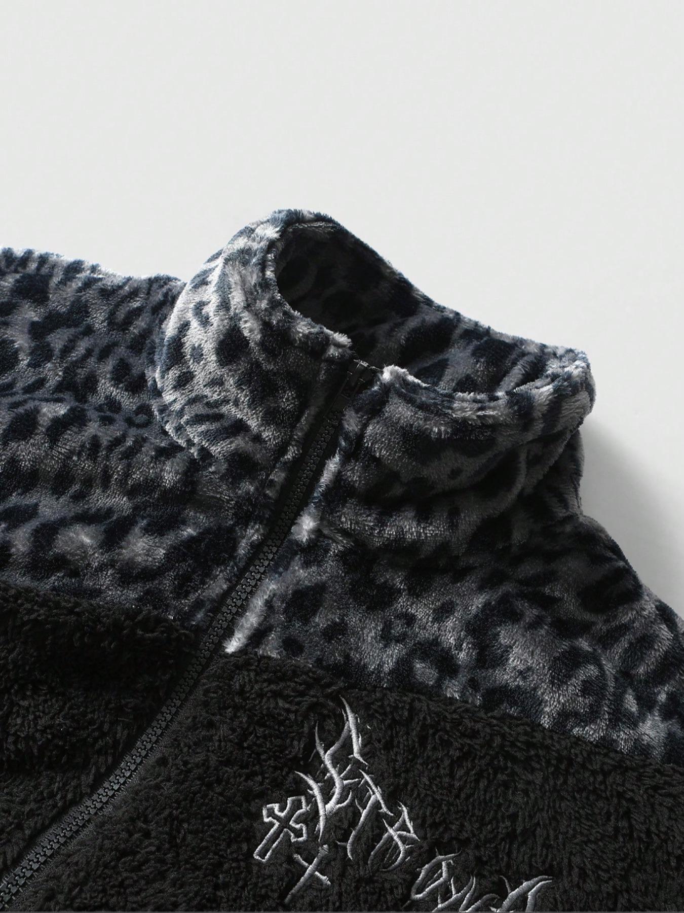 Men's Leopard Print Patchwork Jacket Coat, Fall Winter Fleece Lined Thickened, Casual Style, Unisex Design