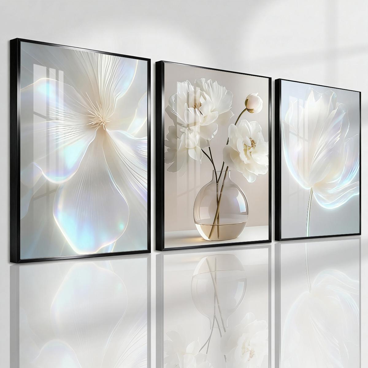 3 Counts Aluminum Alloy Framed Painting, White Floral Vase Artwork, Home Decoration For Living Room, Bedroom, Office, Restaurant, Hallway Wall Decor, Odorless Print Artwork, Luxury Perfect Gift For Friends And Family