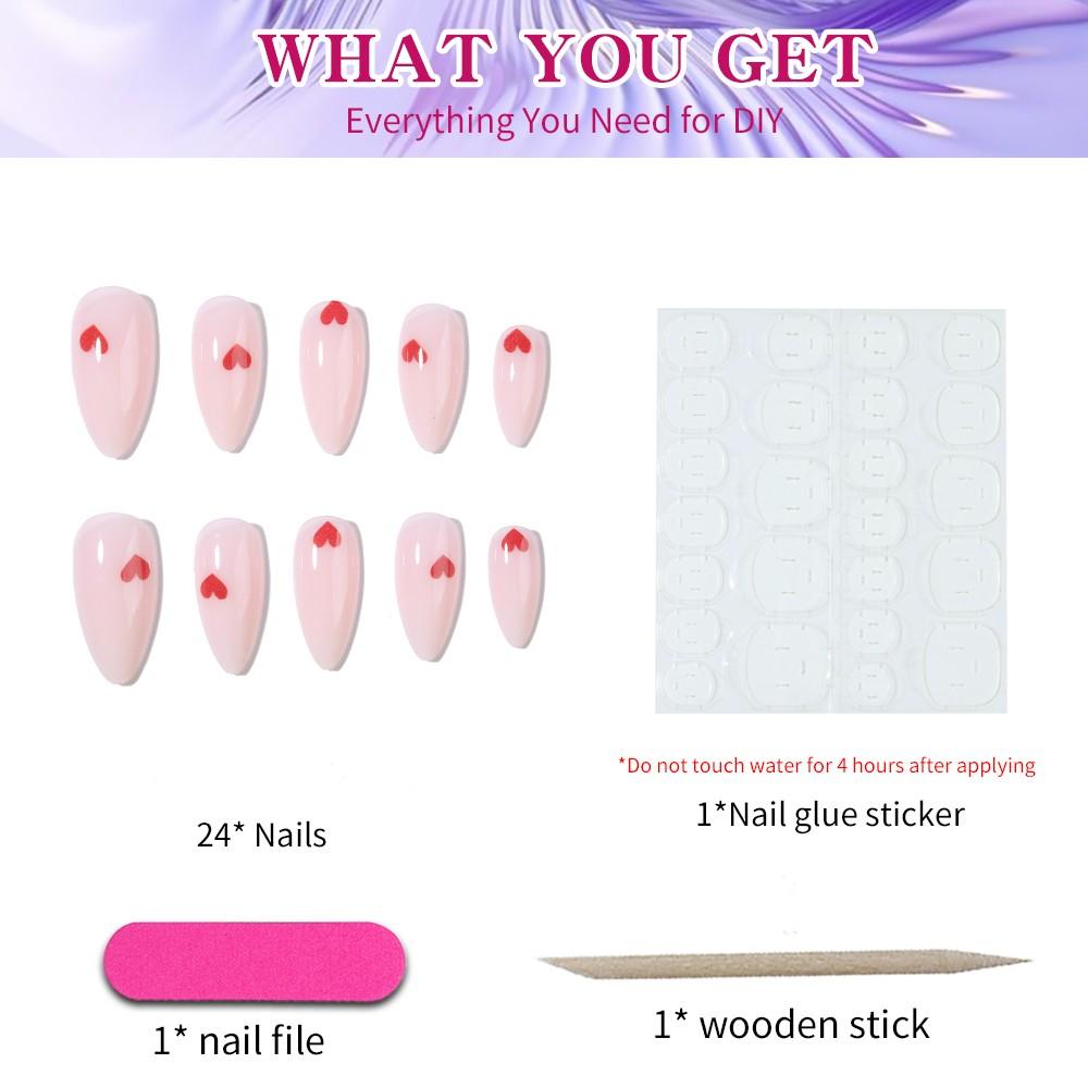 24pcs Clear Nude Gradient Base Color Nail Polish, Hand Drawn Heart Design, Almond Shape Medium Length Glossy Finish