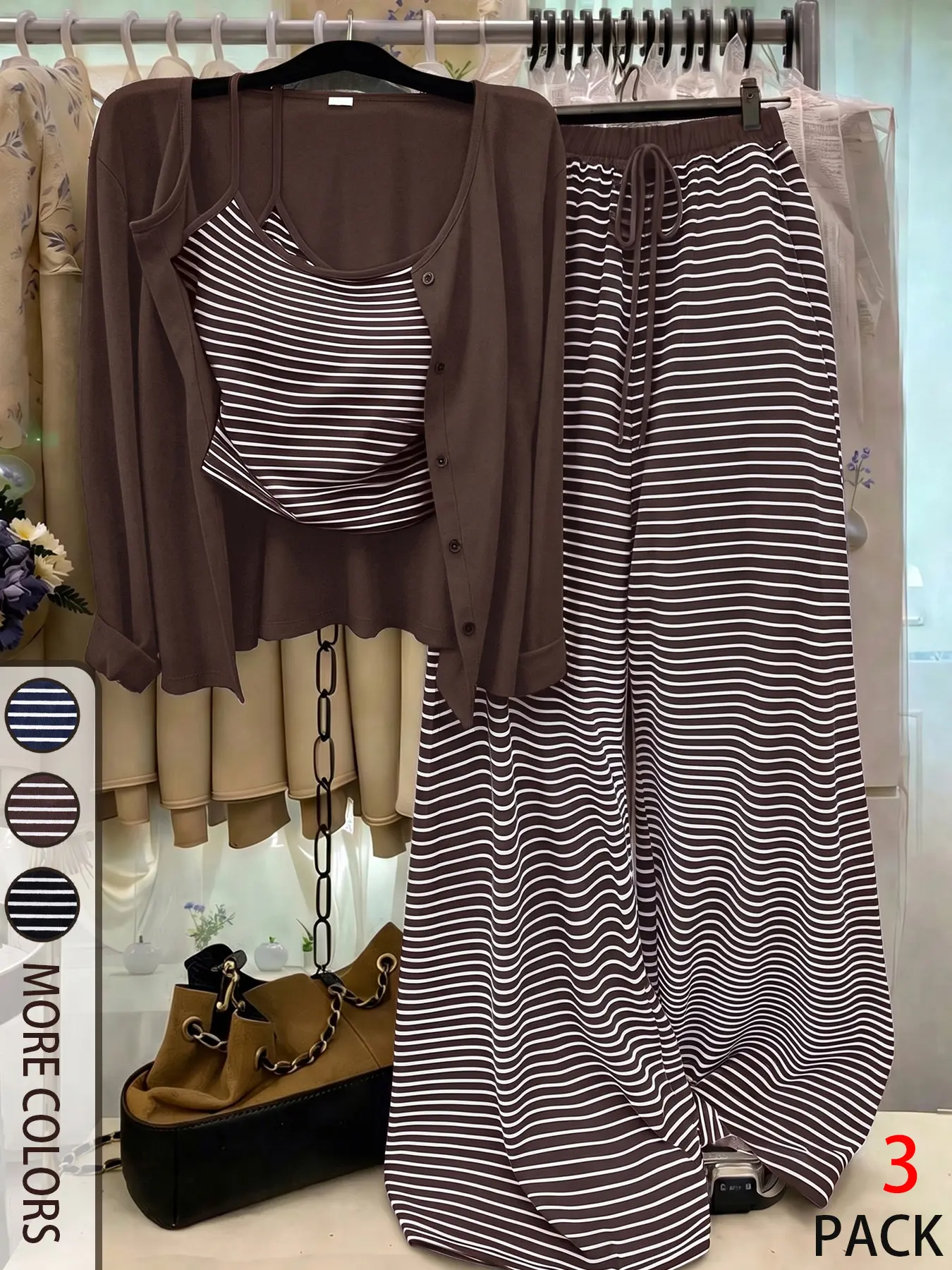 3pcs/Set Women's Casual Striped Tank Top, Solid Color Long Sleeve Cardigan, Loose Straight Pants, 3-Piece Set, Striped Fitted Drawstring Decor, Elegant Casual Commute Daily Wear, Comfortable and Stylish, Chic
