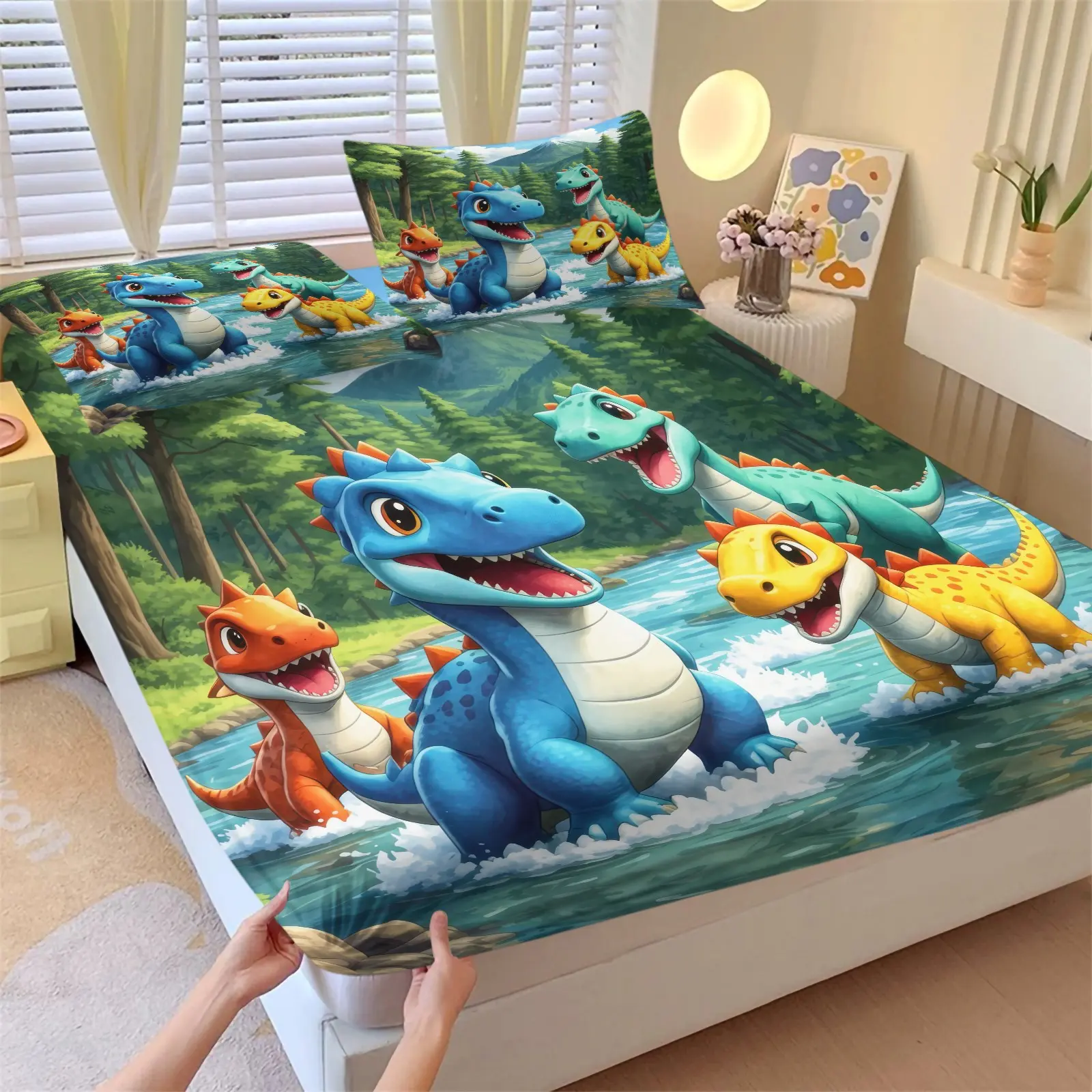 3PCS Cute Cartoon Dinosaur Fitted Sheet Set, 1 Fitted Sheet + 2 Pillowcases, Forest Stream Dino Animal Bedding Set, Soft Microfiber All Season, Kids Boys Bedroom Decoration, Gift for Dinosaur Enthusiast