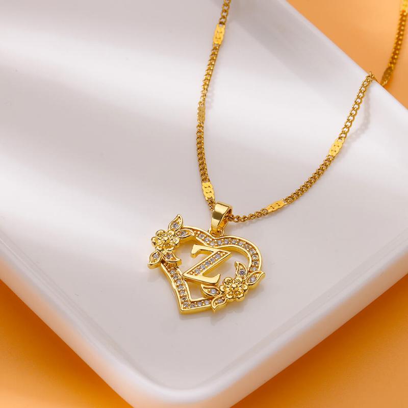 New Fashion Letter Detail Heart Shaped Pendant Necklace, Love Necklace for Women for Summer, Rhinestone & Flower Decor Stainless Steel Matching Necklace Jewelry, Girl's Temperament Cloths Accessory for Daily Wear