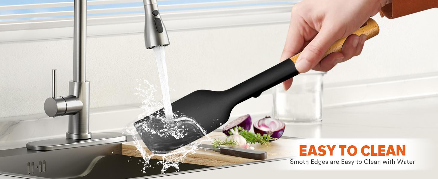 Silicone Spatula Spoon Set, Great for Mixing, Folding, Scraping, and Spreading, Sturdy BPA-Free Matte Silicone, Wooden Handle Rubber Spoonula for Nonstick Cookwares,4 Pack