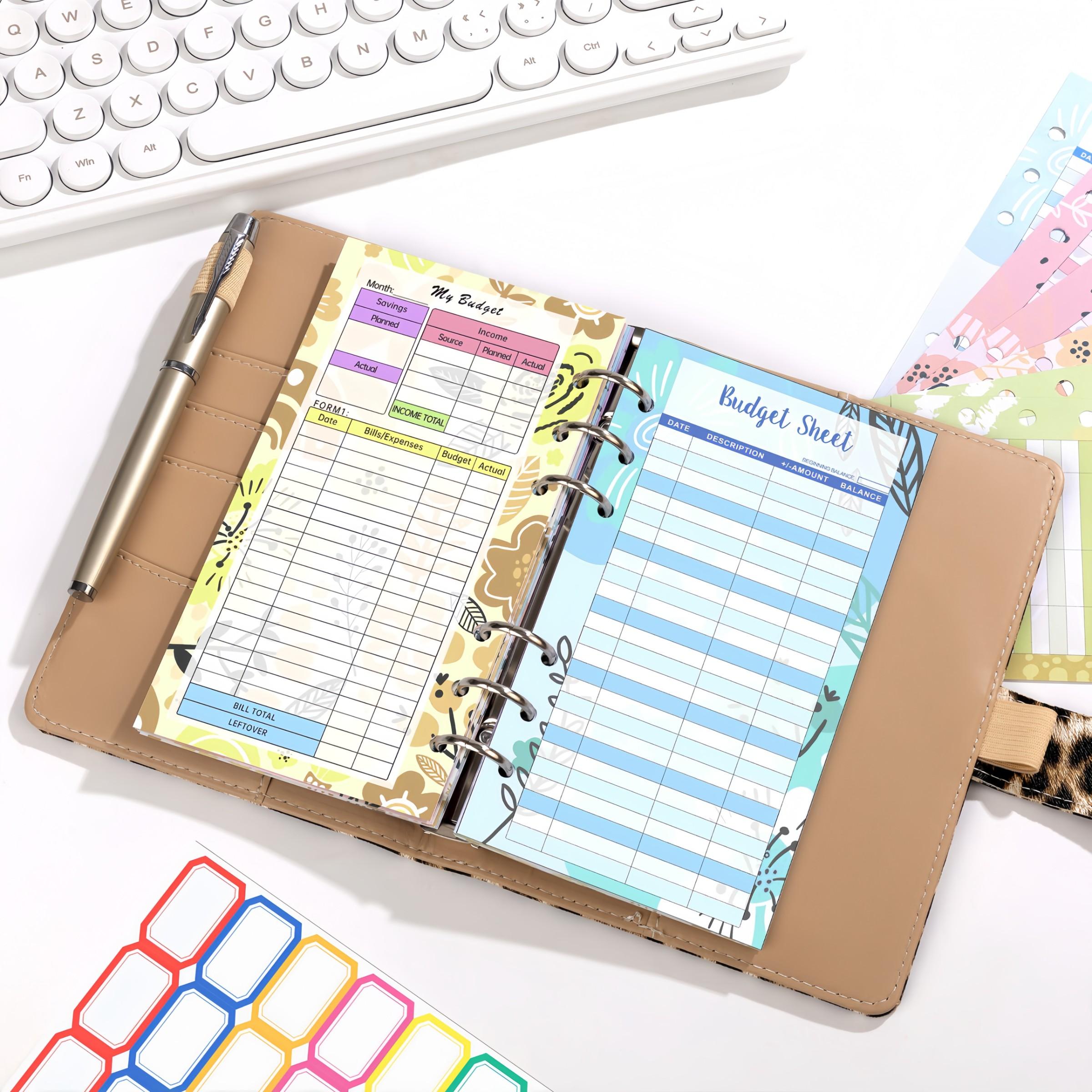 A6 Cash Budget Folder, PU Leather Money Saving Folder with Cash Envelope, Budget Sheet, Stickers, Printable Budget Planner Organizer