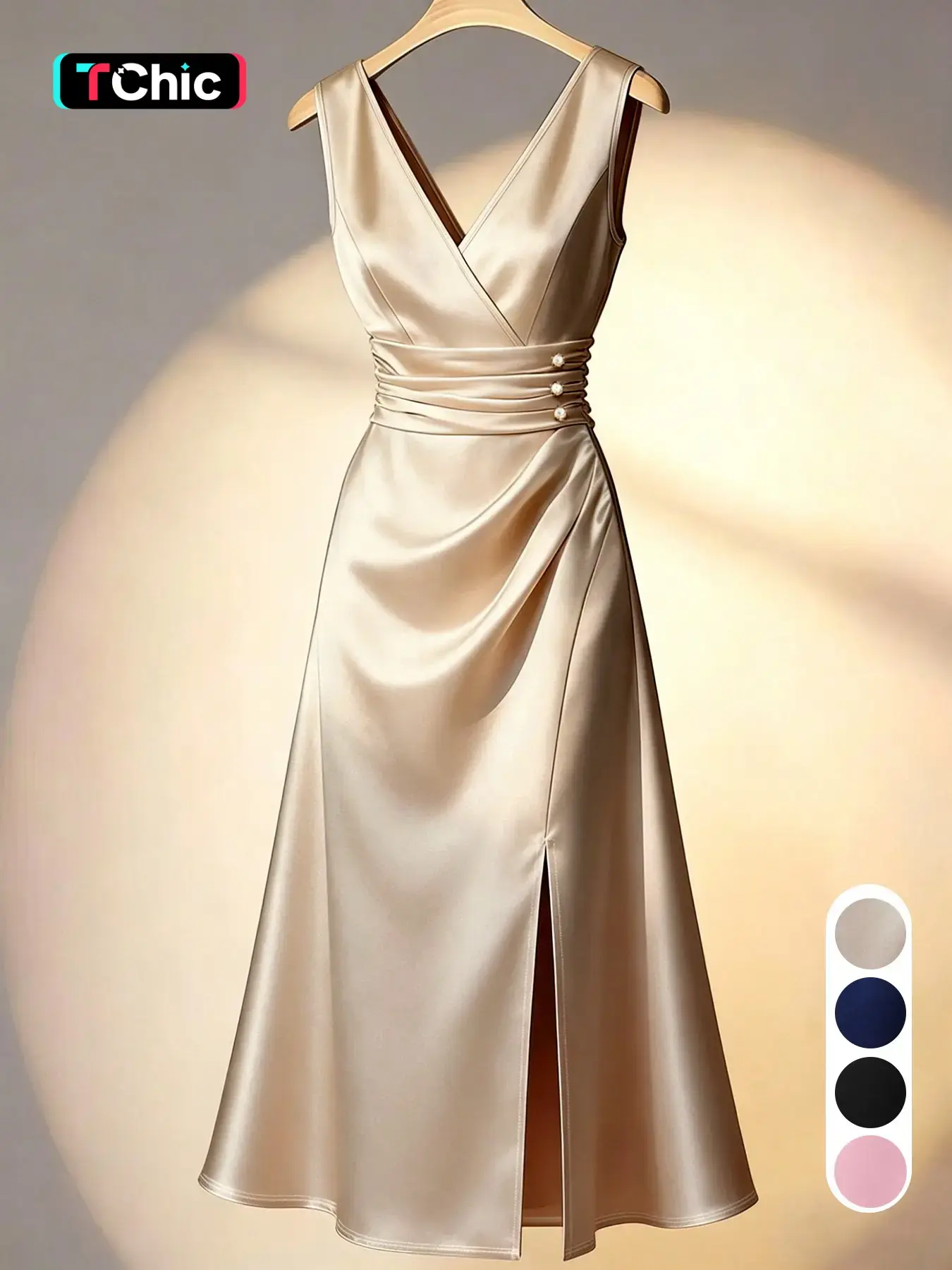 Champagne V-Neck Midi Dress, Elegant Sleeveless Slim-Fit Dress, High-Waisted Waist-Cinch Dress, Summer New Arrival, Casual Office Wear