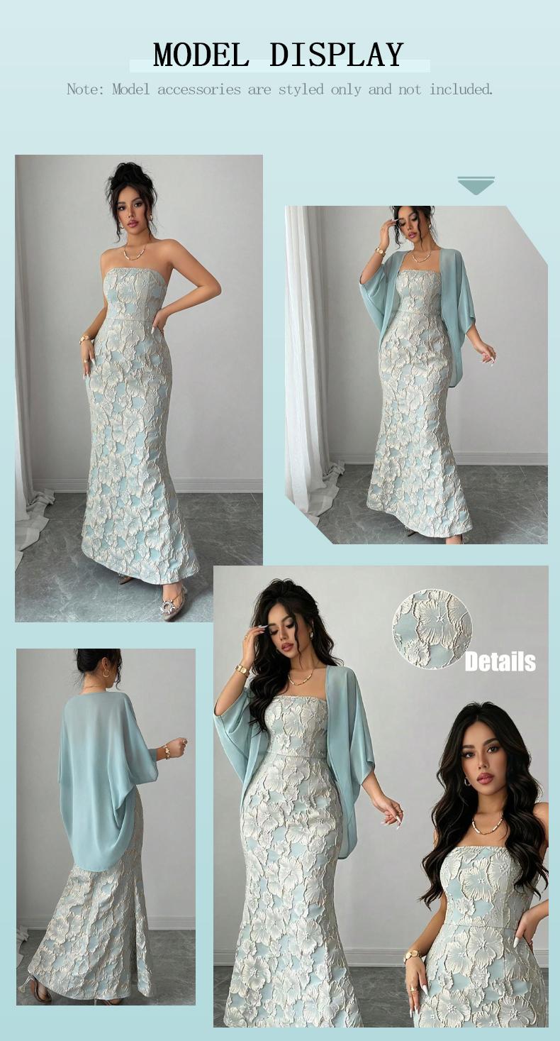 Women's 2 Piece Formal Dress Set, Strapless Jacquard Maxi Dress with Sheer Chiffon Cardigan, Elegant Mint Green Evening Gown for Wedding Guest, Cocktail Party, Evening Party Dresses, Evening Formal Wear