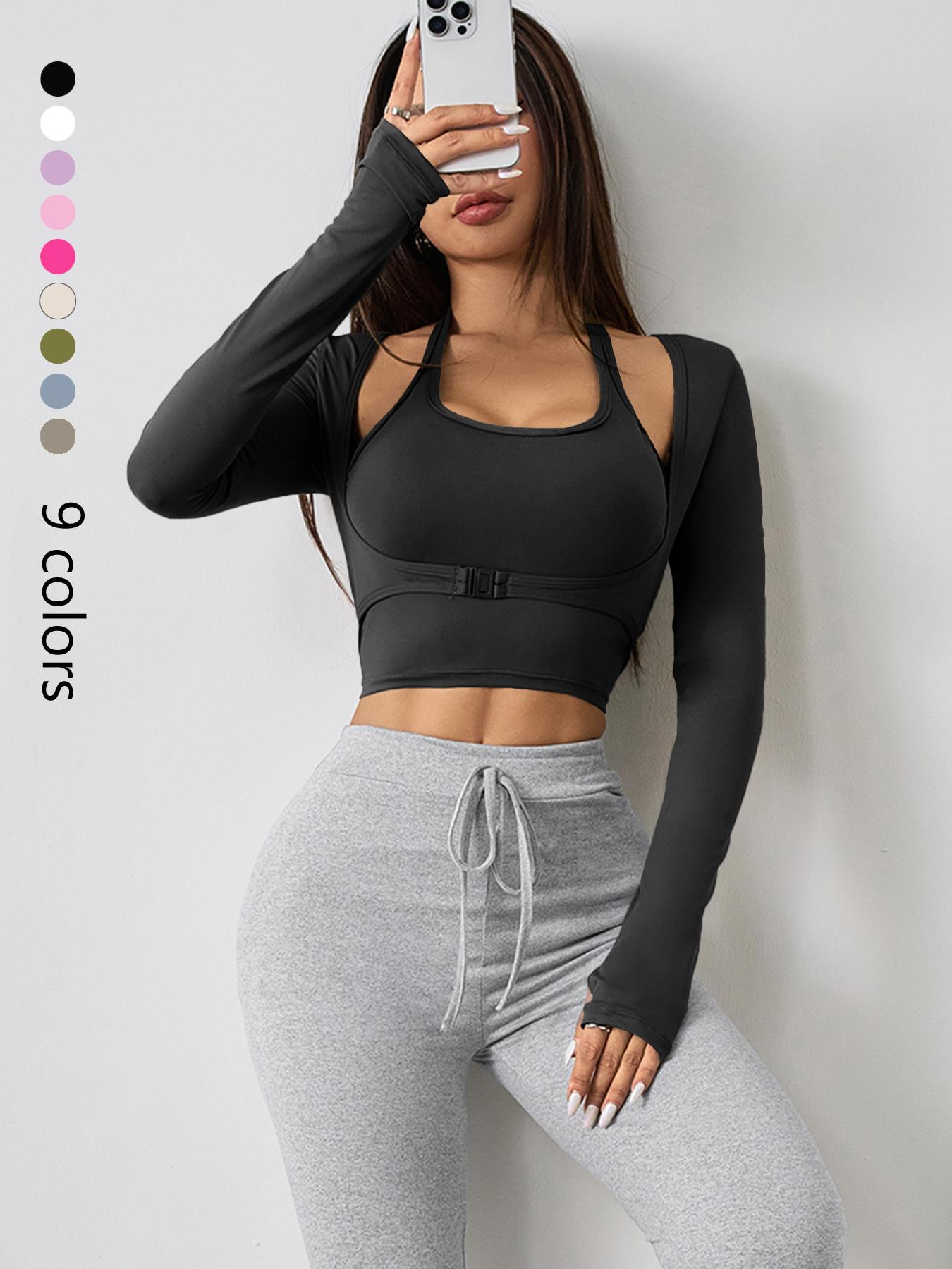 Women's Solid Color Long Sleeve Thumb Hole Design Halter Neck 2 in 1 Sports Tee Gym Yoga Tops for Yoga Gym Workout, Ladies Sportswear for All Seasons