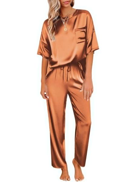 Women's Satin Silk Pajama Set, Short Sleeve Top & Long Pants, Soft Sleepwear for Women, Comfortable Loungewear for Home Use