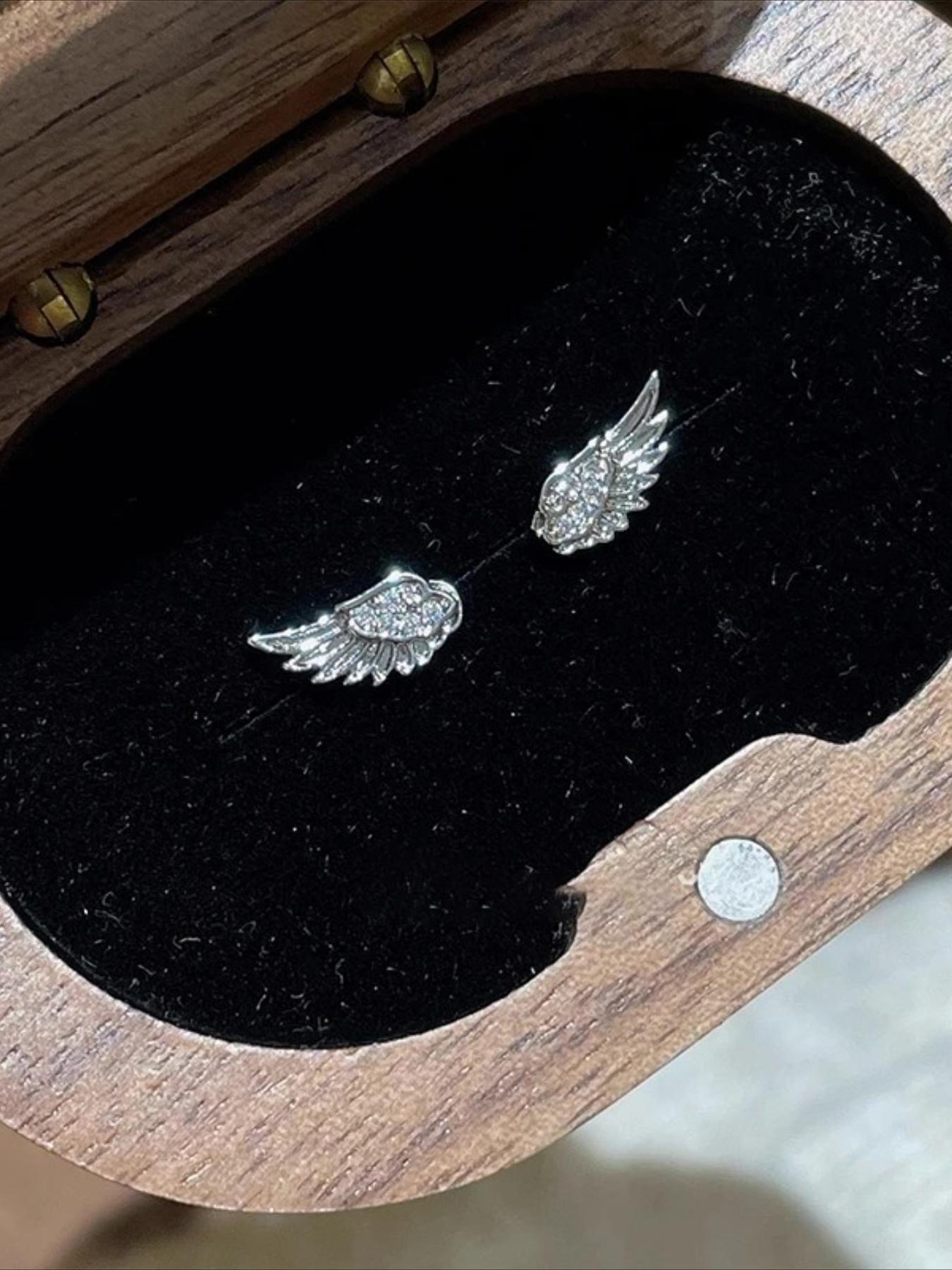 Trendy Unique Design Feather Wings Zircon Mini Earrings, Simple Personalized Women Party Daily Versatile Screw Back Ear Studs