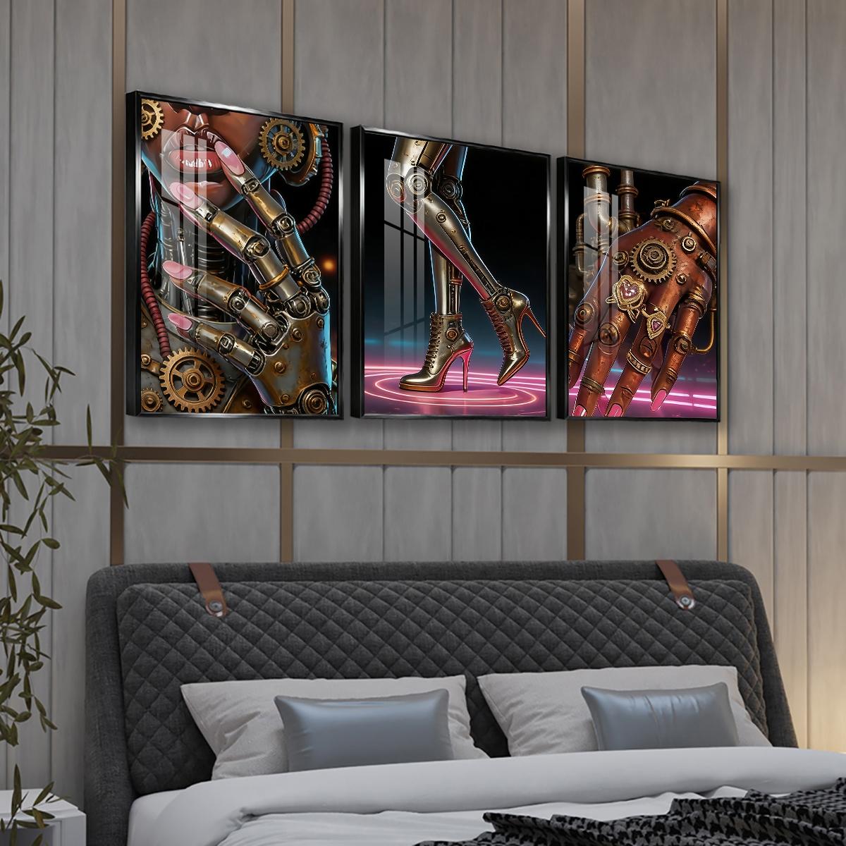 3 Counts Aluminum Alloy Framed Painting, Futuristic Cyberpunk Robot Art Pictures, Home Decoration For Living Room, Bedroom, Office, Restaurant, Hallway Wall Decor, Odorless Print Artwork, Luxury Perfect Gift For Friends And Family