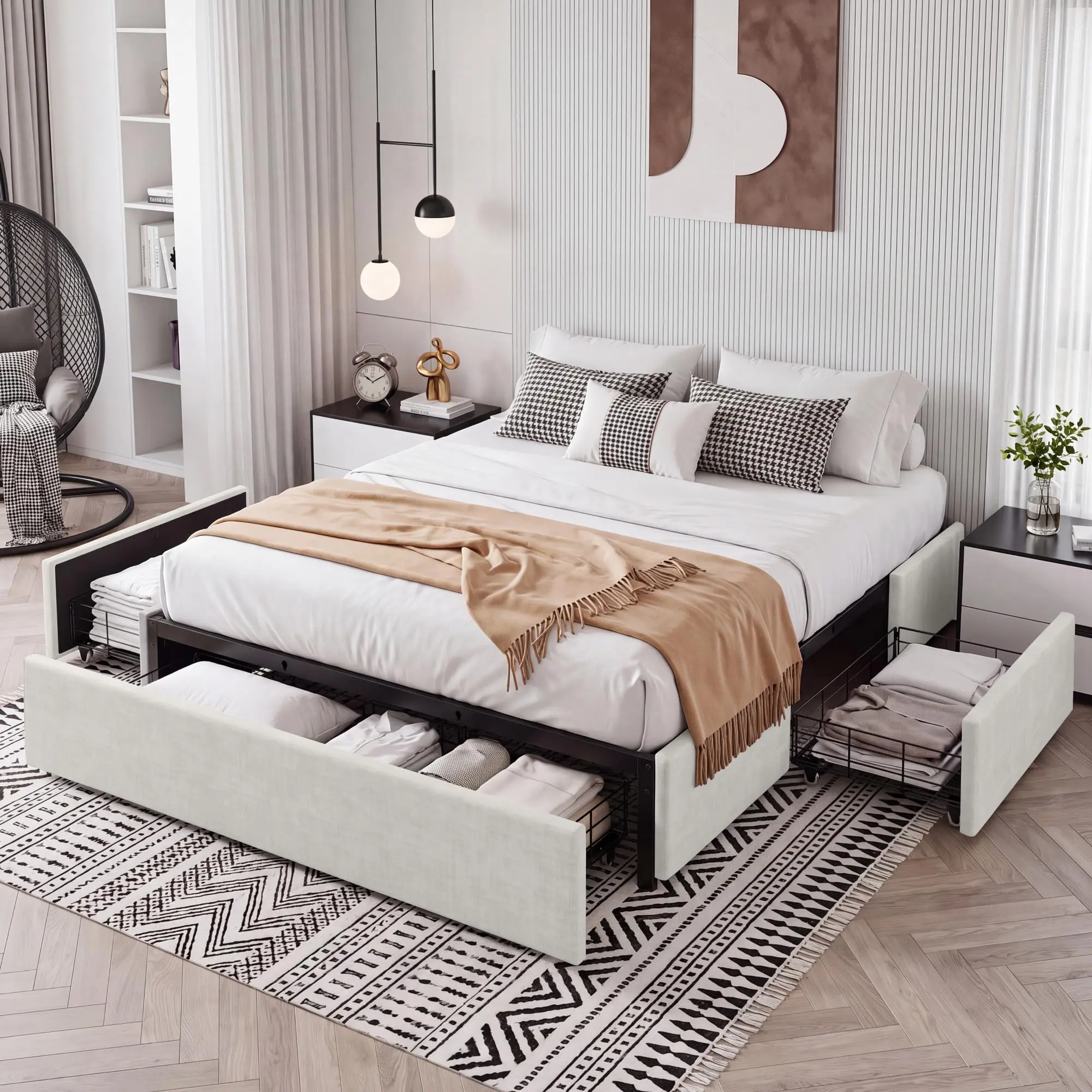 3-Drawer Underbed Storage Upholstered Platform Bed Frame, No Headboard - Space-Saving Low Profile Base - Beige