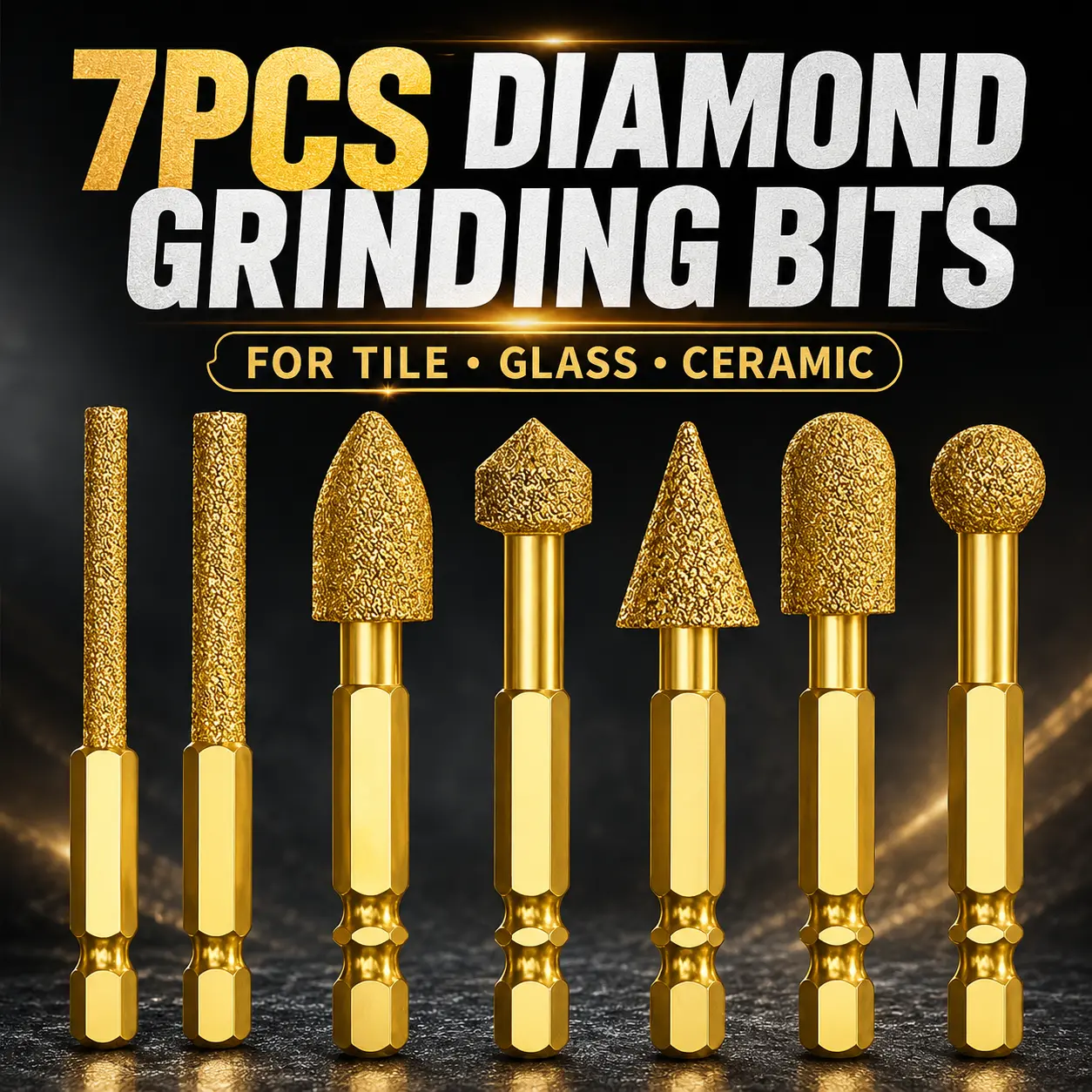 7PCS Diamond Grinding Bit Set, 1/4" Hex Shank Diamond Burr Bits for Tile, Ceramic, Glass & Stone, Hole Enlarging, Shaping, Beveling & Edge Grinding Drill Accessories