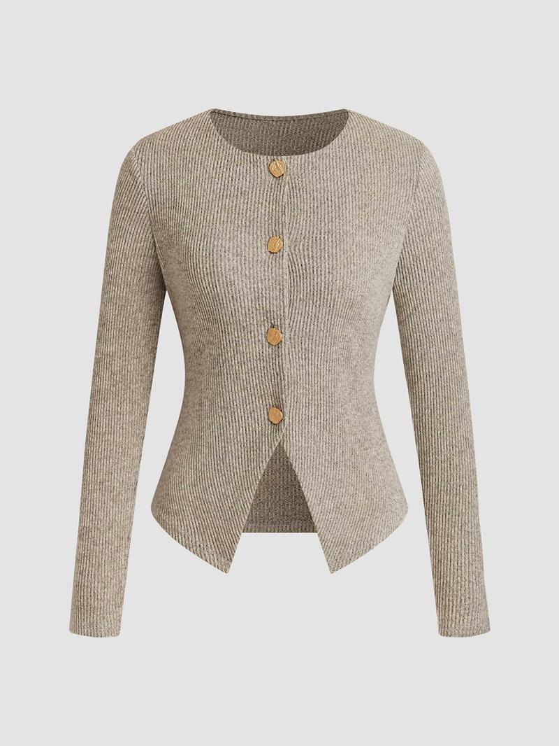 Women's Casual Elegant Ribbed Knit Button Long Sleeve Top, Fitted Plain Design, All Season Wear, Moderate Fabric Thickness, Knitwear