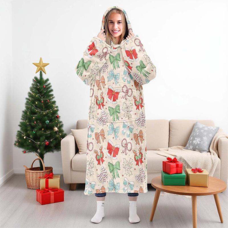 Christmas Bow Pattern Hooded Blanket, Cozy Hooded Blanket, Soft Flannel Throw for Sofa, Home Decor, Office Nap, Camping Travel Gift