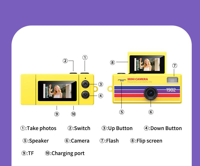 Digital Camera 180° Flip Screen Selfile Keychain Camera Retro Support Memory Card HD Very Small Camcorder Video Recorder Mini HD Digital Keychain Camera
