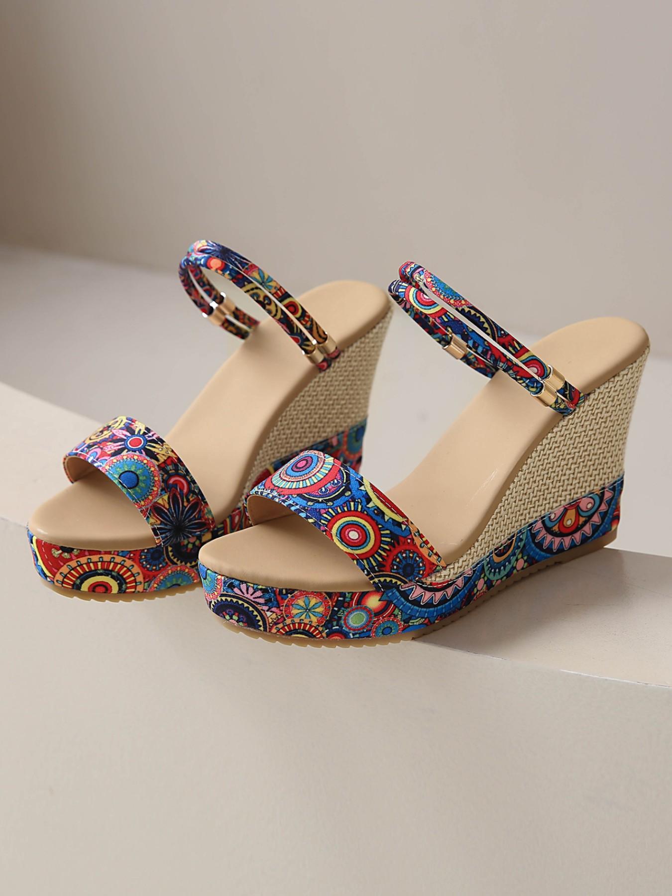 Women's Boho Ethnic Print Wedge Sandals, Dual Strap Fit, Open Toe Breathable, Heel Lift, Versatile for Vacation/party/daily Wear