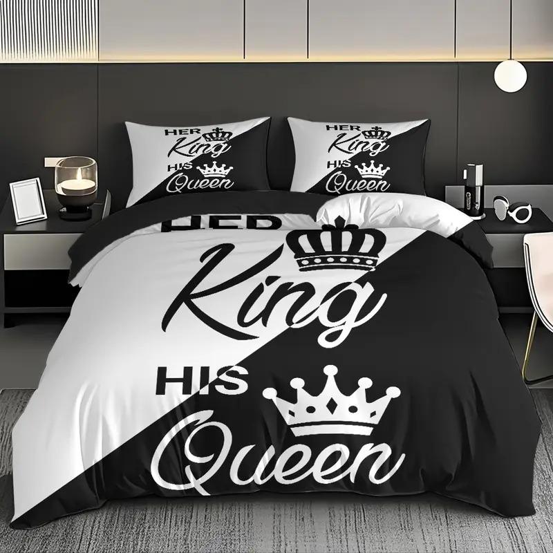 3-Piece Patchwork King Queen Word Pattern Print Bedding Set, Soft Cotton Polyester Fabric, Includes 1 Fitted Sheet + 2 Pillowcases Bed Sheet Sets