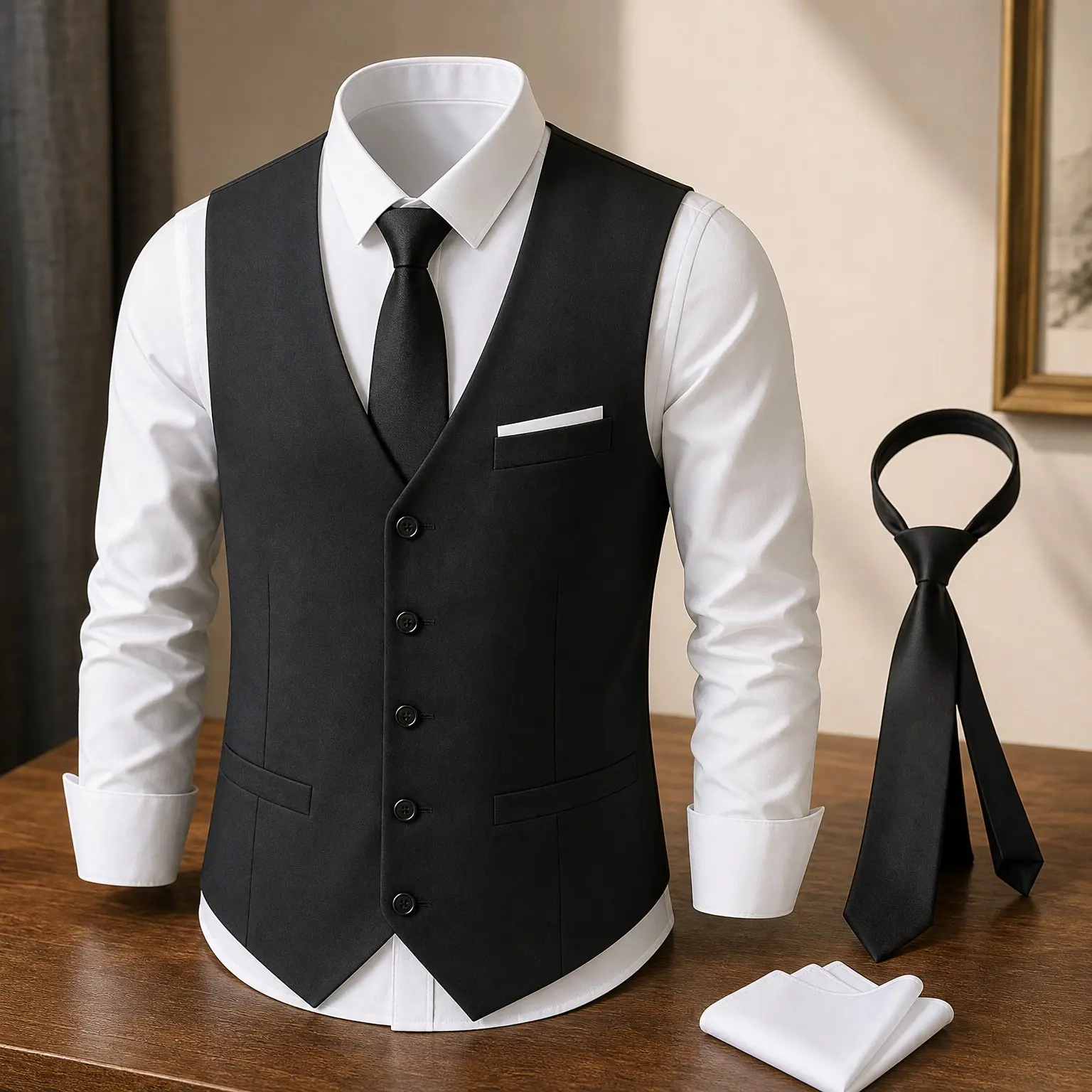 Men's 3-Piece Slim Fit Suit Vest Set with Tie & Pocket Square - Satin Back Formal Waistcoat for Wedding, Business, Prom, Classic V-NeckGift