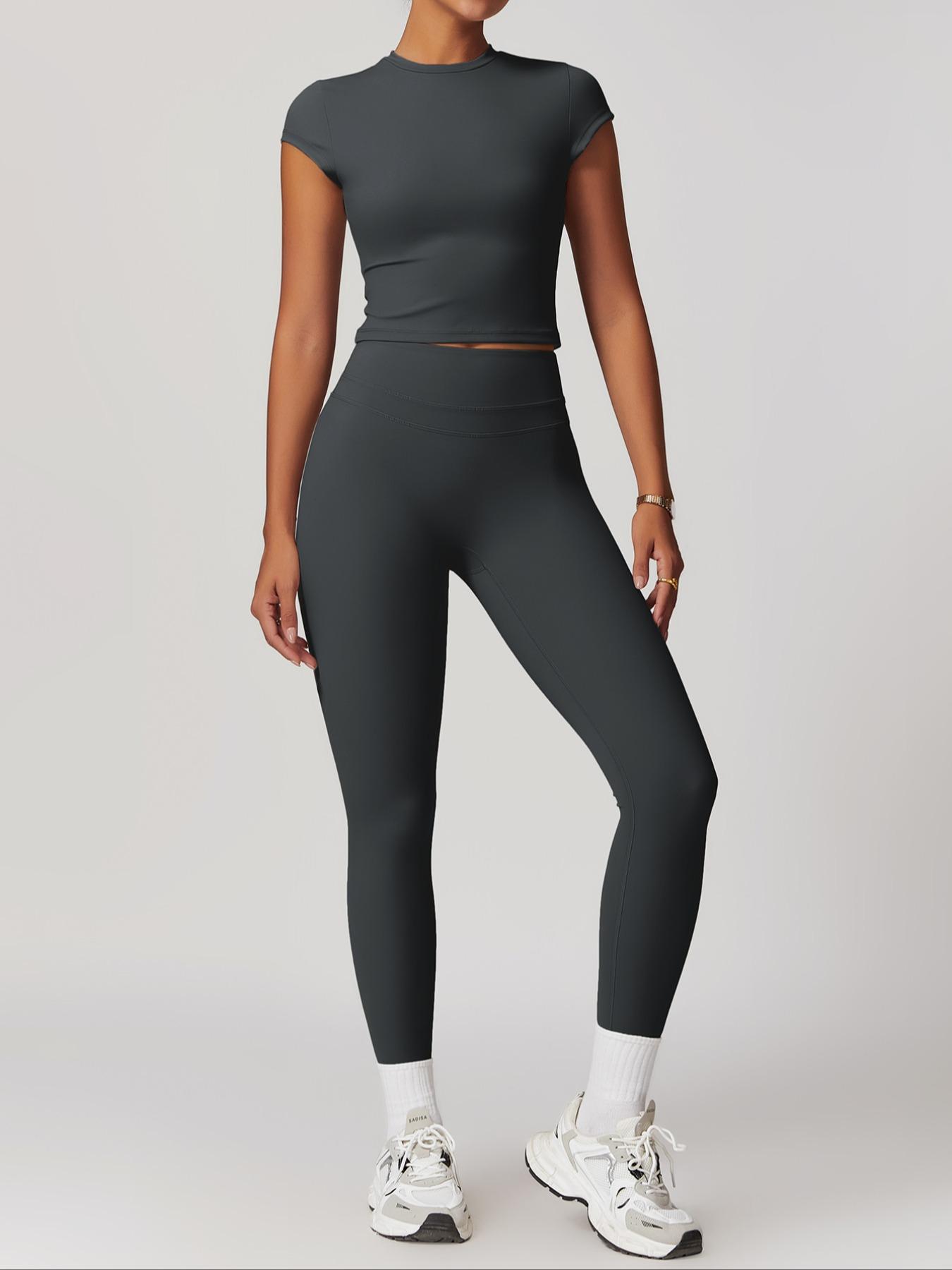 Women's Sportswear Two-Piece Set, Autumn Outdoor Fitness Running Top & High-Waisted Pants, Solid Color Short Sleeve Yoga, Yoga Tracksuit Set