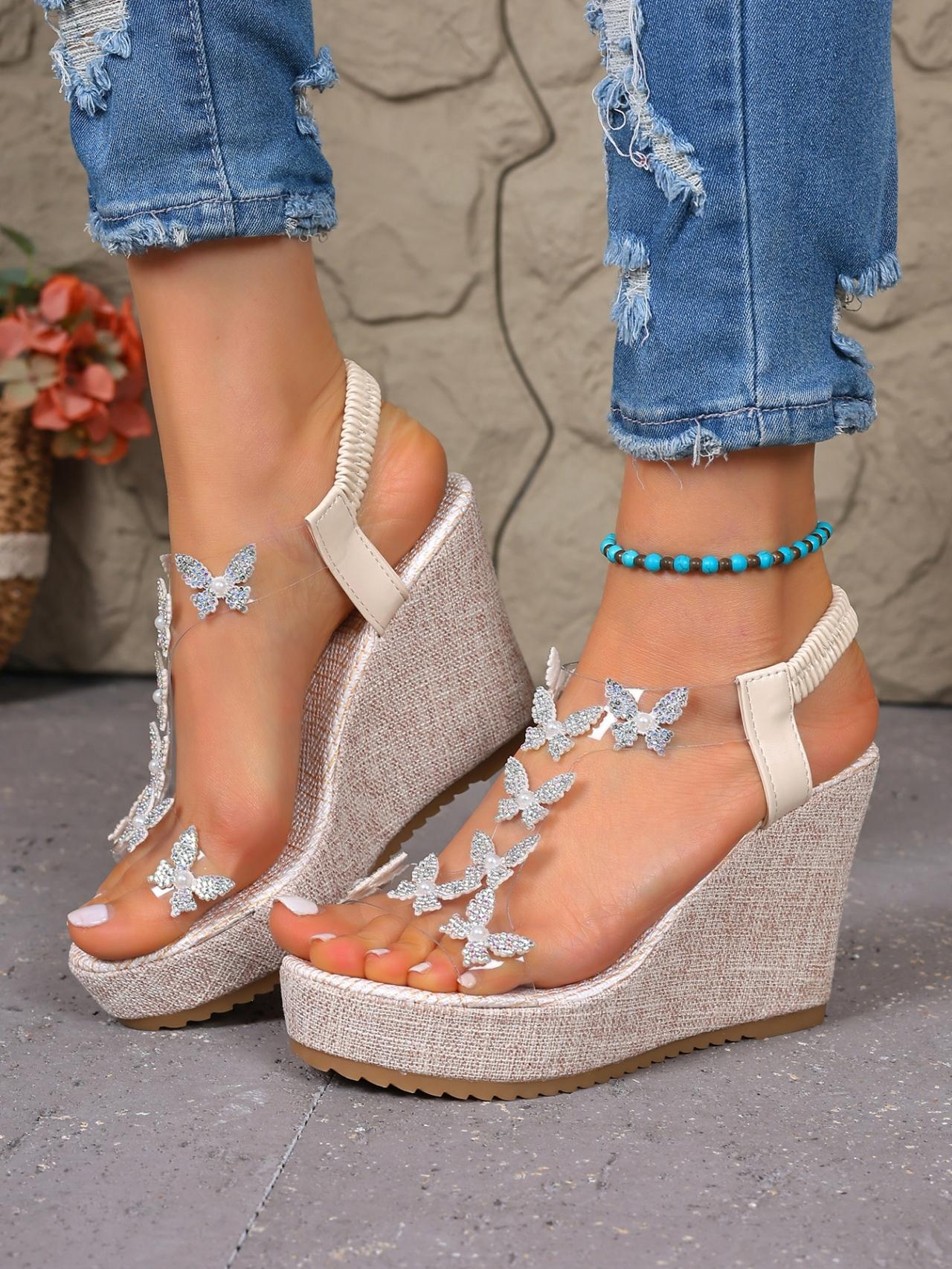 Women's Rhinestone Butterfly Transparent Wedge Sandals, Summer Fairy Style Platform Elevated Open-Toe Roman Shoes