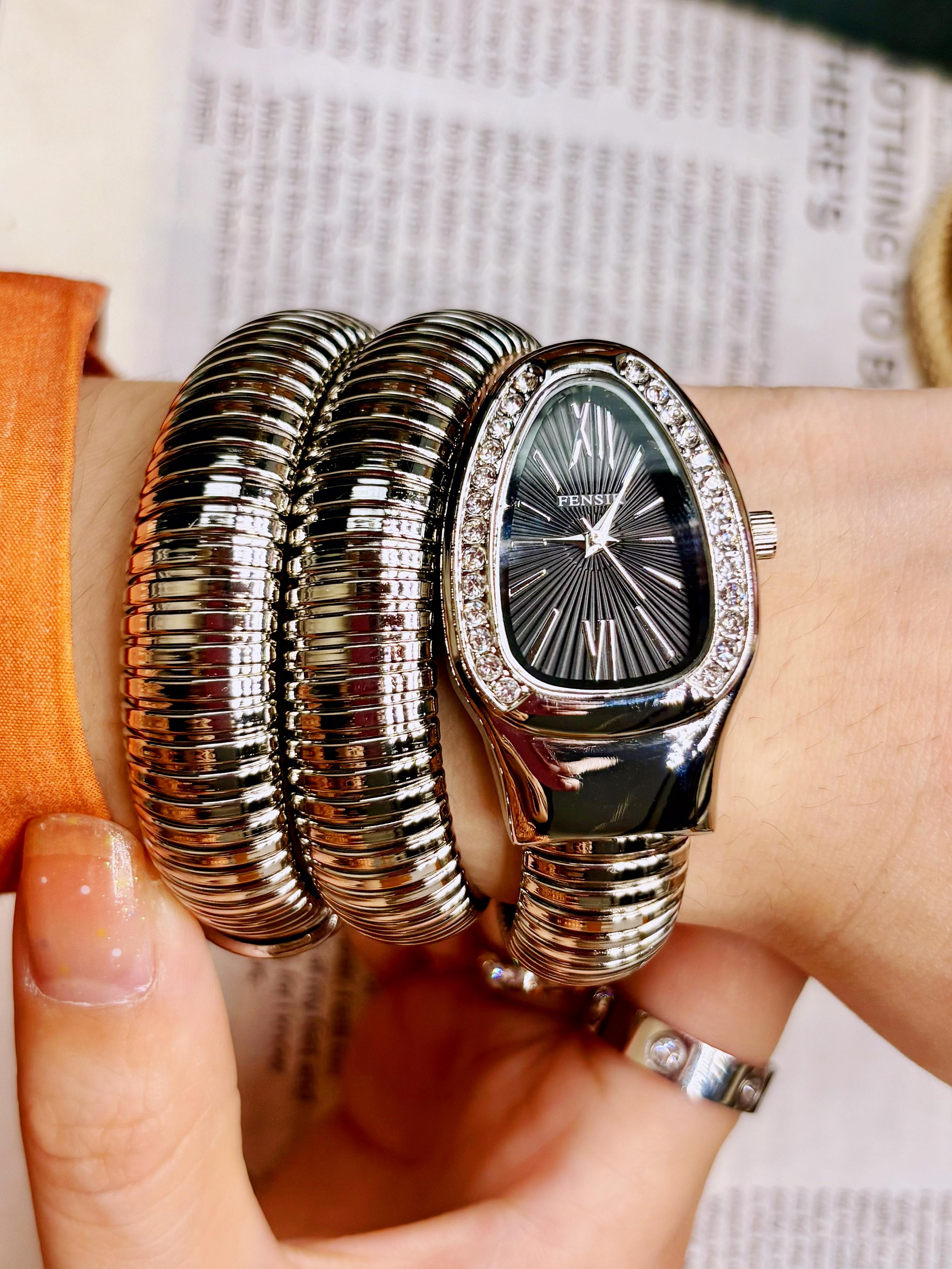 French Vintage Snake Bracelet Watch, Full Diamond Bezel, Roman Numerals Dial, Elastic Steel Band, Elegant Daily Wear, Business & Date Watch