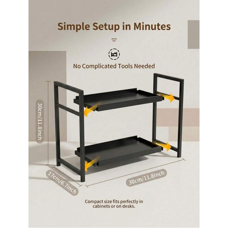 2-Tier Modern Matte Carbon Steel Countertop Storage Rack Freestanding Spice Organizer Shelf For Kitchen Bathroom Vanity