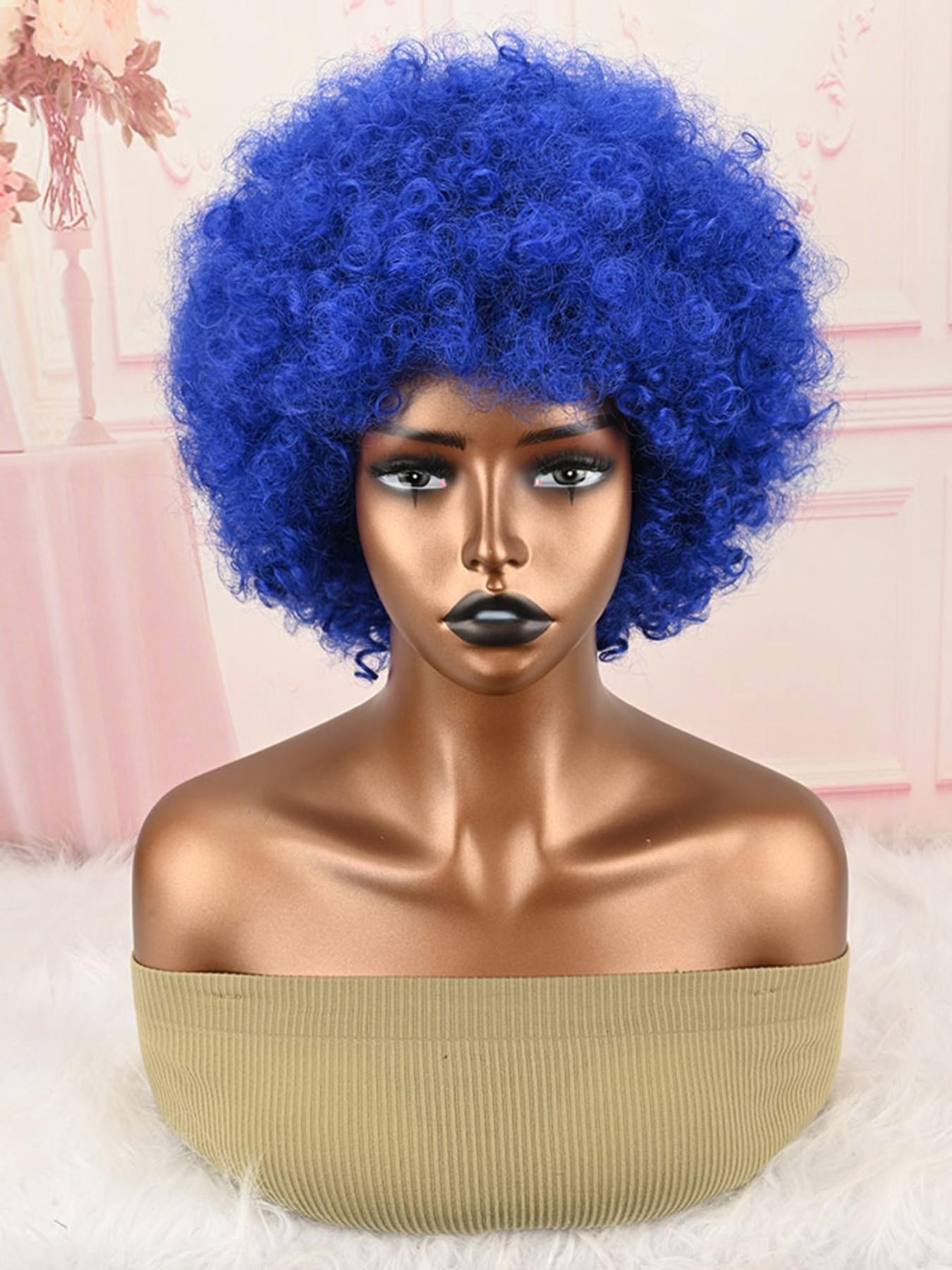 Bright Blue Fluffy Afro Synthetic Wig With Bangs High Temperature Fiber Short Kinky Curly Full Wig 70s Retro Style Afro Wigs For Cosplay Party Festival Photoshoot
