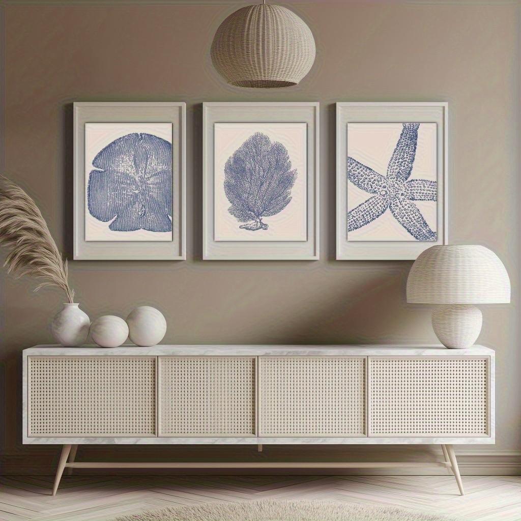 Modern Beach & Ocean Theme Wall Decor Set, Shell, Starfish, Floral Designs, Ideal for Living Room, Bar, Cafe, Home Office, Unframed Art Print
