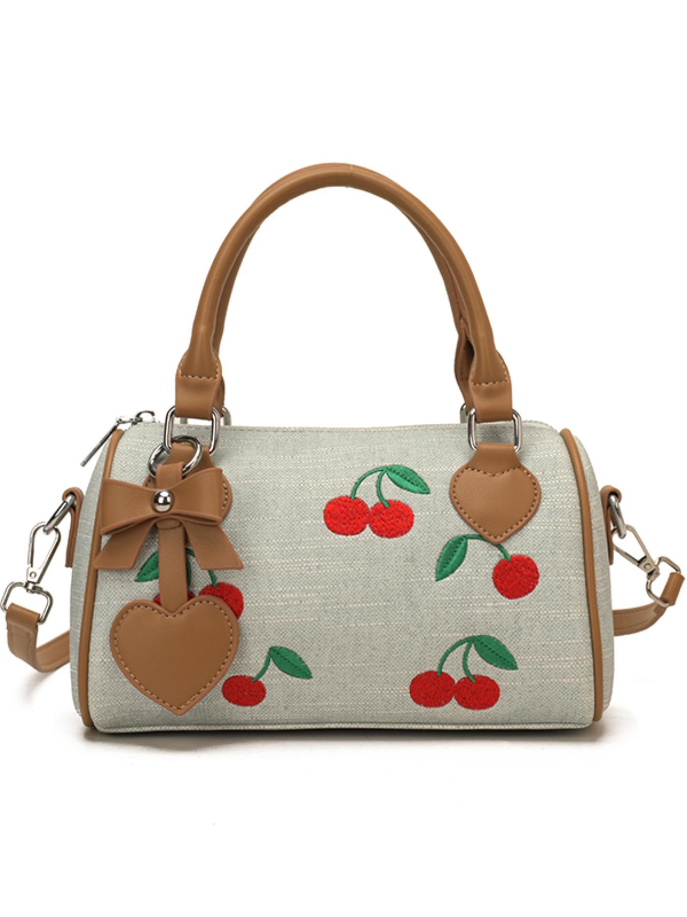 Sweet Cherry Boston Bag for Women, 2026 New Handbag, Cute Pillow Bag, Fashion Commute, Heart Charm, Full Cherry Print, PU Material